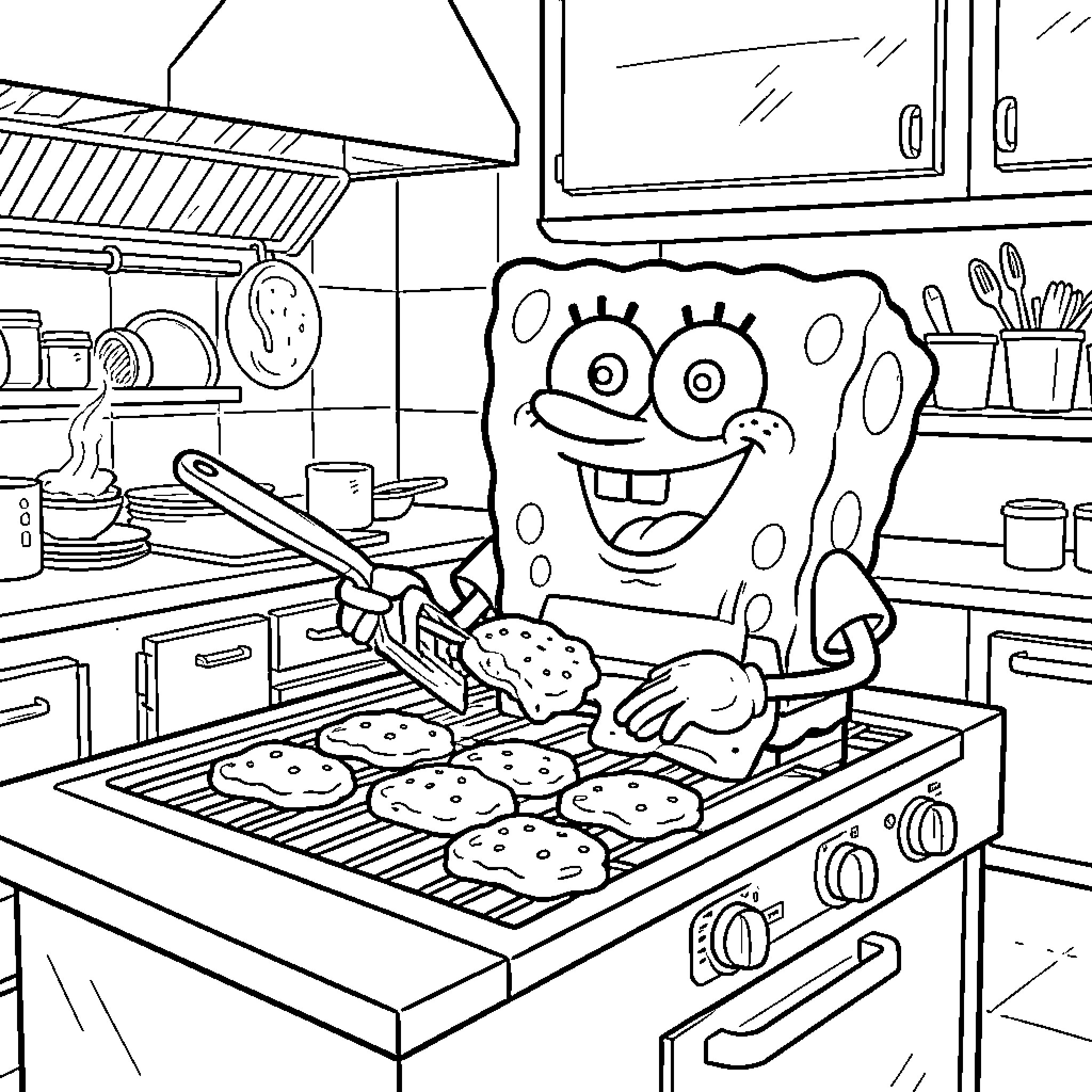 Spongebob happily cooking delicious patties on a grill Coloring Page (free black-and-white line drawing printable PDF for all, from beginners to advanced learners, including children, teens, adults, and seniors)