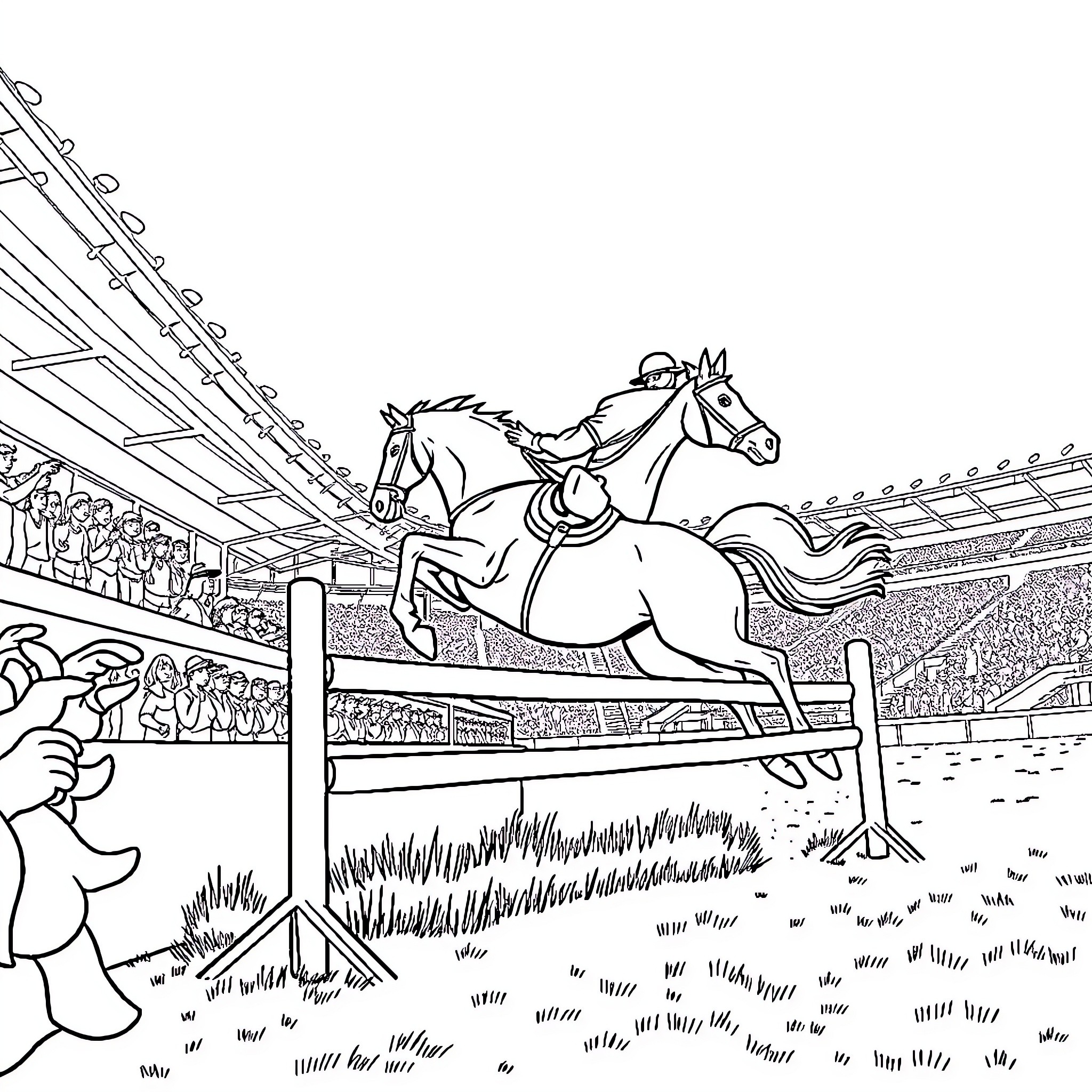 Cheval leaping over hurdle in equestrian competition Coloring Page (free black-and-white line drawing printable PDF for all, from beginners to advanced learners, including children, teens, adults, and seniors)