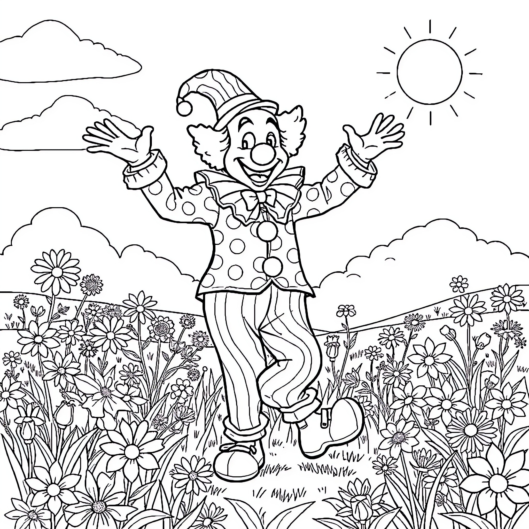 Art The Clown Happily Jumping in a Flower Field Coloring Page (free black-and-white line drawing printable PDF for all, from beginners to advanced learners, including children, teens, adults, and seniors)