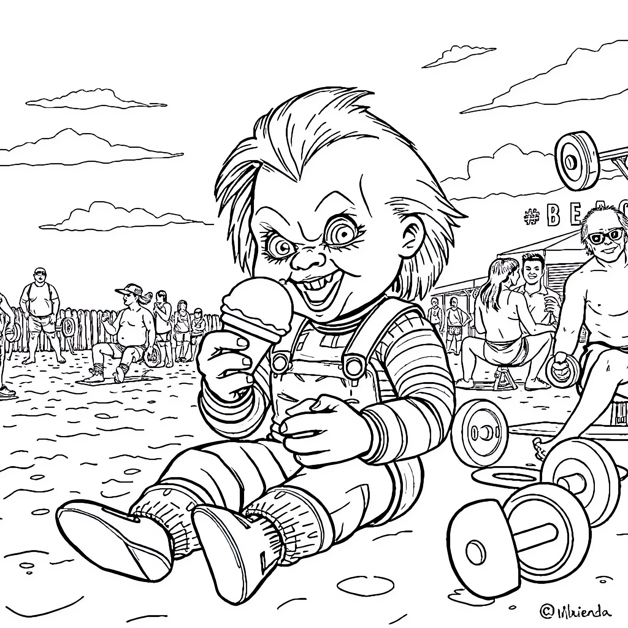 Chucky's Mischievous Beach Adventure Coloring Page (free black-and-white line drawing printable PDF for all, from beginners to advanced learners, including children, teens, adults, and seniors)