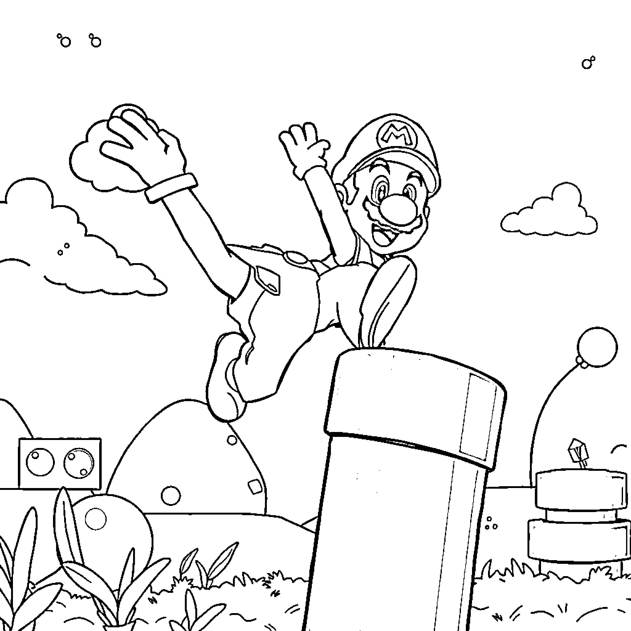 Mario Jumping Excitedly in the Video Game Landscape Coloring Page (free black-and-white line drawing printable PDF for all, from beginners to advanced learners, including children, teens, adults, and seniors)