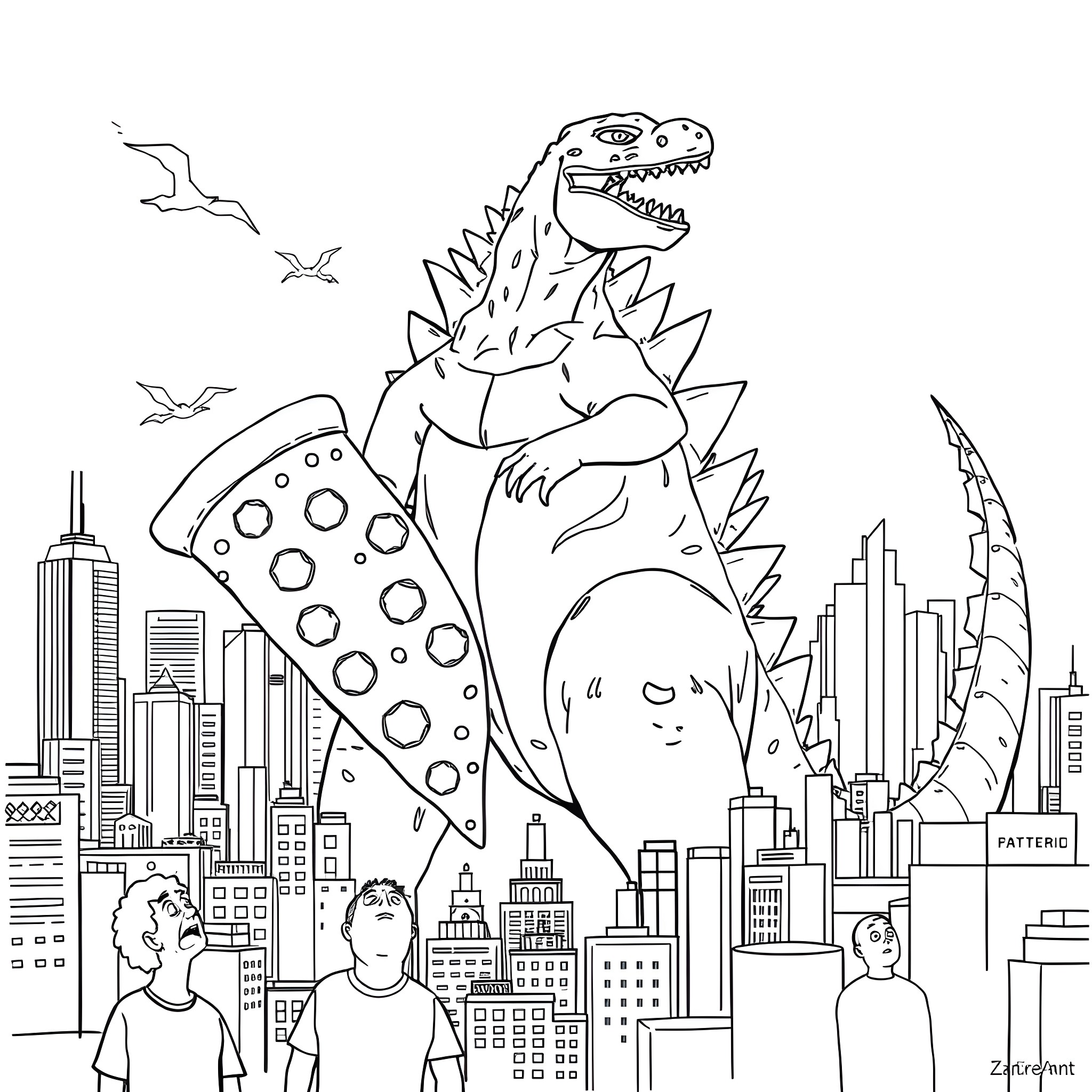 Godzilla wreaking havoc in the city Coloring Page (free black-and-white line drawing printable PDF for all, from beginners to advanced learners, including children, teens, adults, and seniors)