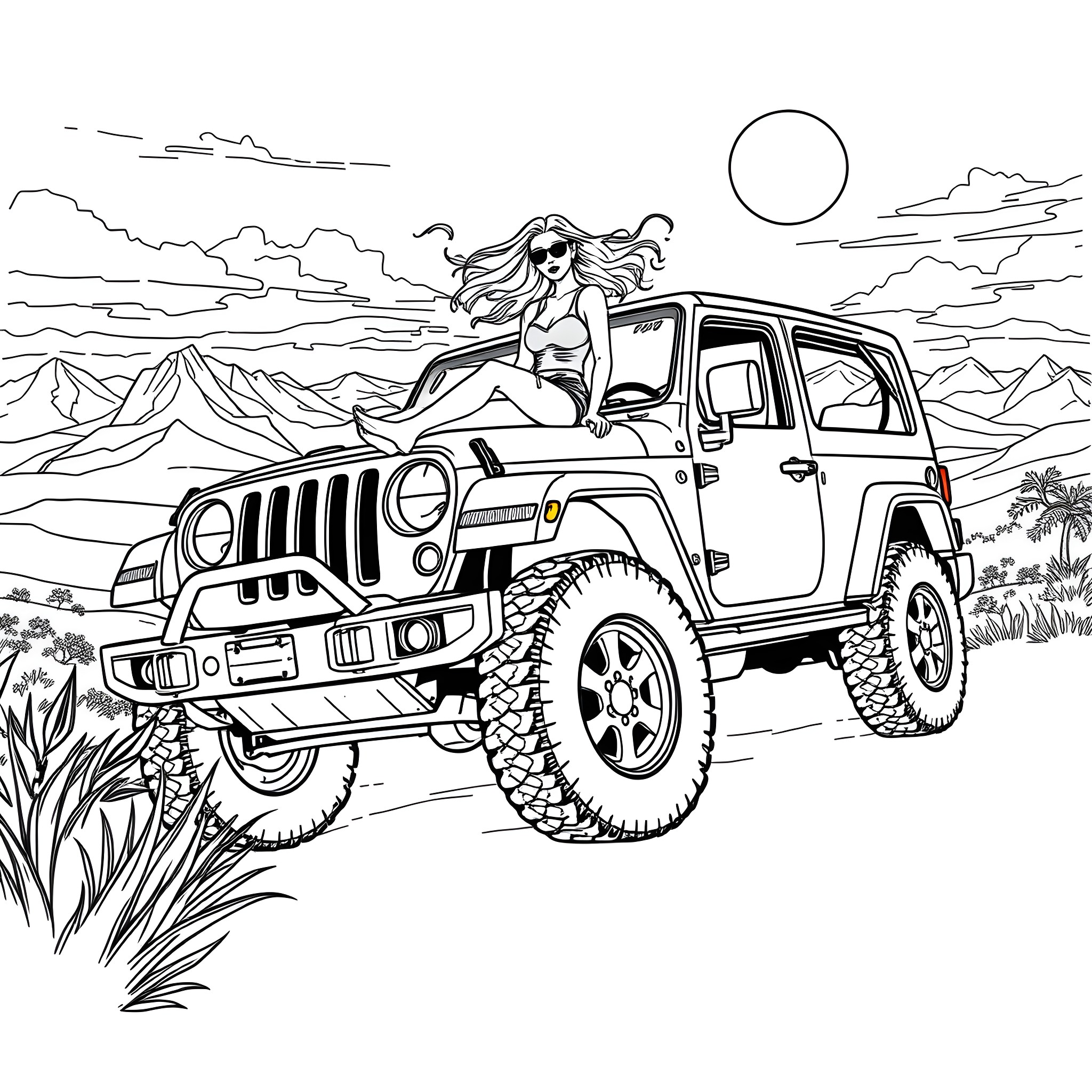 Woman driving offroad vehicle in desert landscape Coloring Page (free black-and-white line drawing printable PDF for all, from beginners to advanced learners, including children, teens, adults, and seniors)