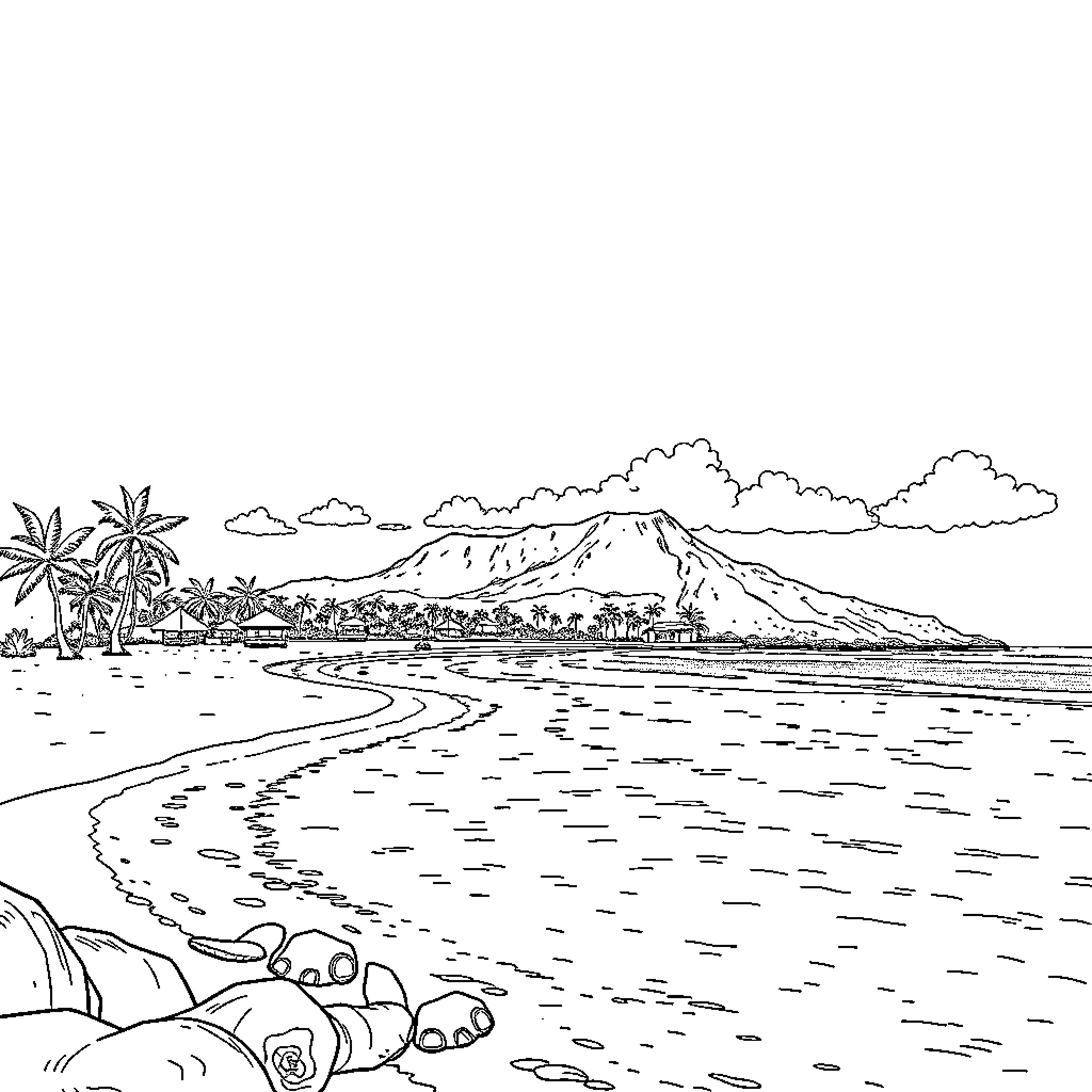 Guam beach landscape with palm trees and mountains Coloring Page (free black-and-white line drawing printable PDF for all, from beginners to advanced learners, including children, teens, adults, and seniors)
