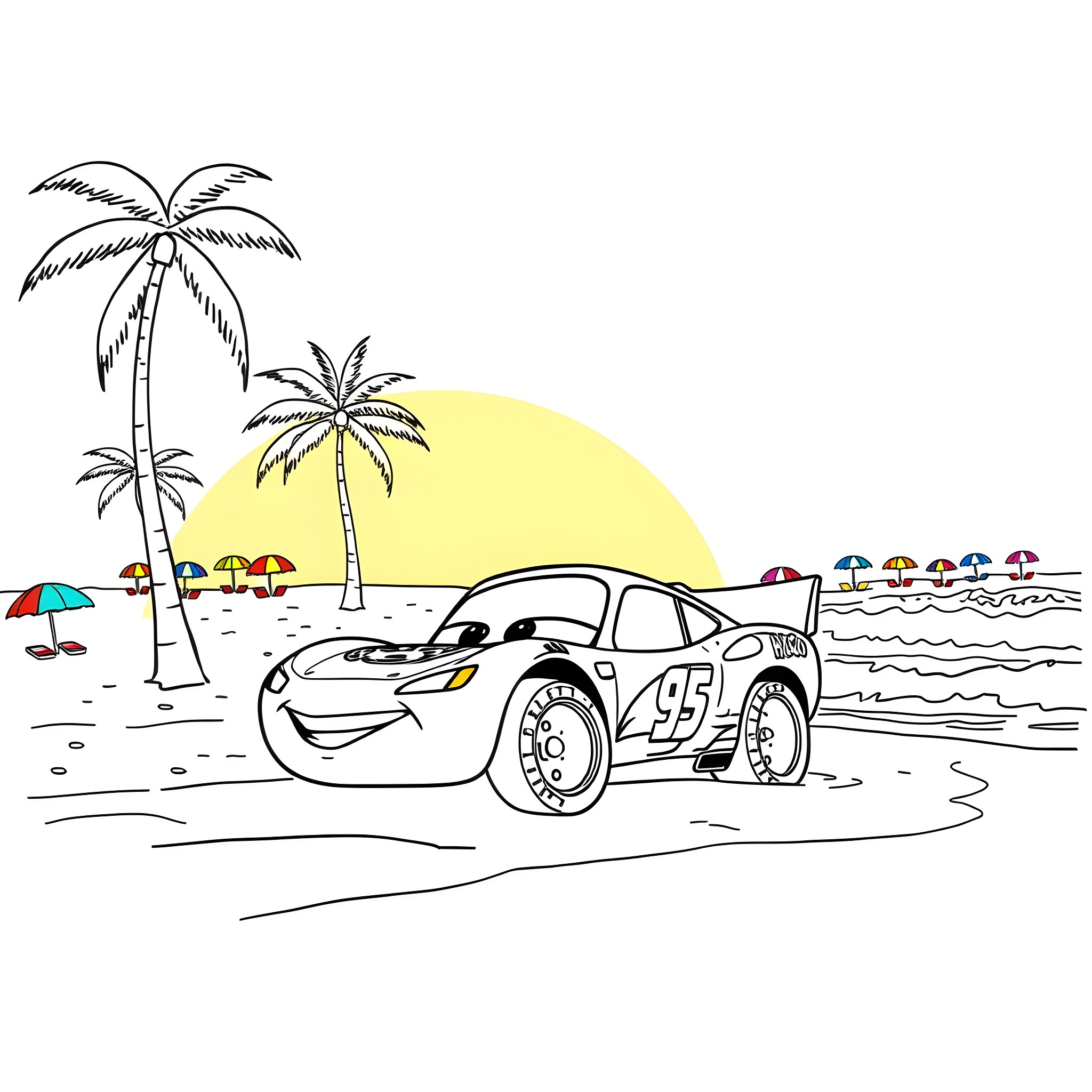 Lightning McQueen's Beach Adventure Coloring Page (free black-and-white line drawing printable PDF for all, from beginners to advanced learners, including children, teens, adults, and seniors)
