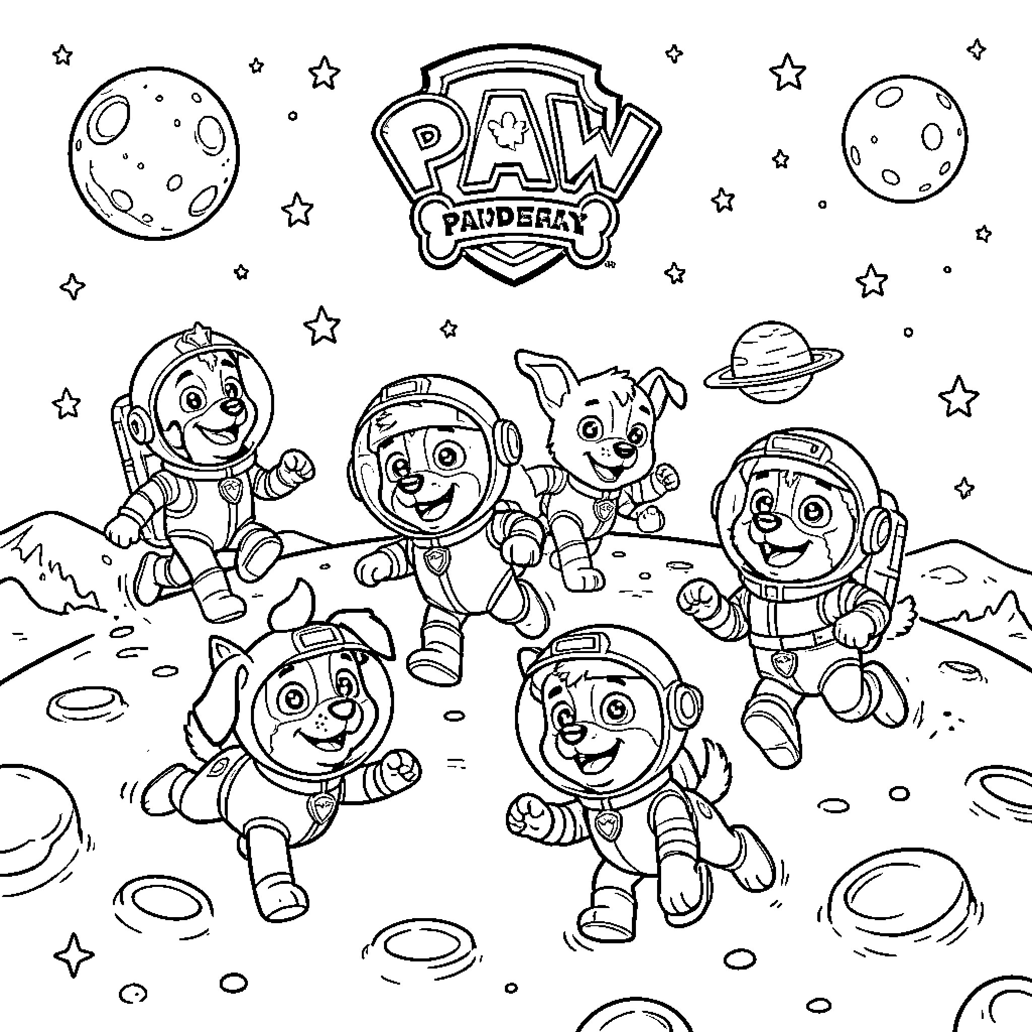 Paw Patrol pups exploring space in astronaut suits Coloring Page (free black-and-white line drawing printable PDF for all, from beginners to advanced learners, including children, teens, adults, and seniors)