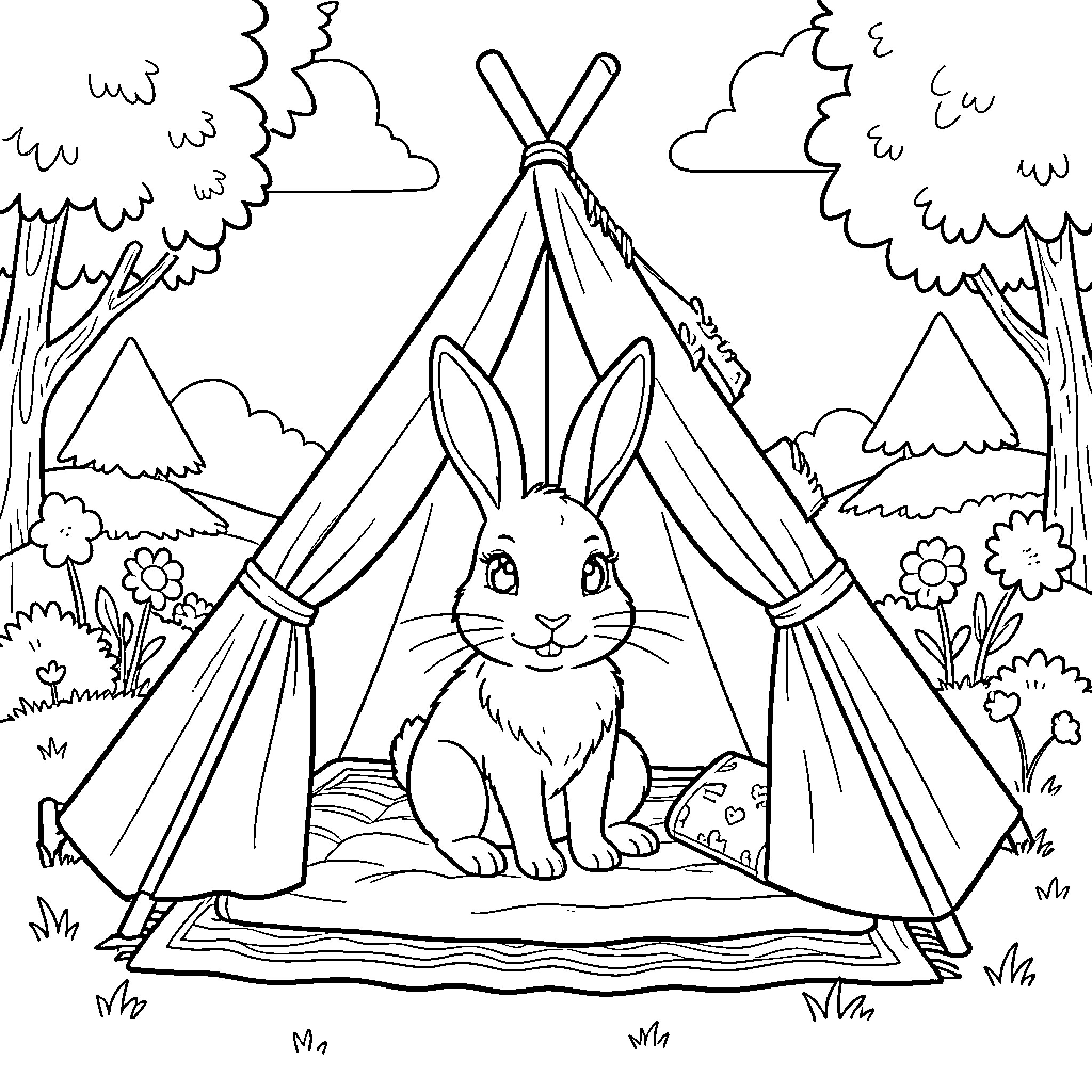 Rabbit sitting comfortably inside a small tent Coloring Page (free black-and-white line drawing printable PDF for all, from beginners to advanced learners, including children, teens, adults, and seniors)