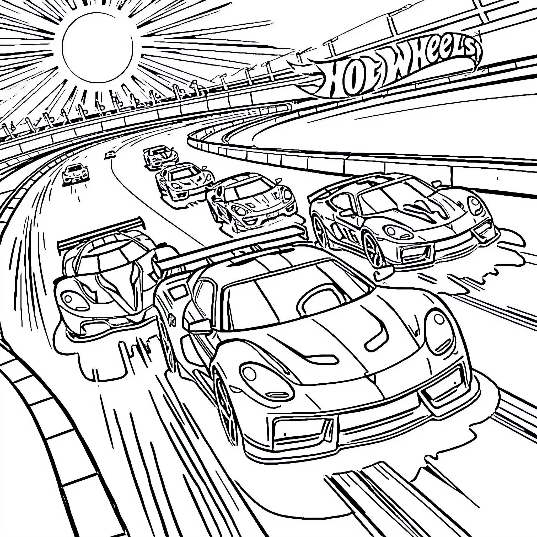 Hotwheels cars racing on a thrilling track Coloring Page (free black-and-white line drawing printable PDF for all, from beginners to advanced learners, including children, teens, adults, and seniors)