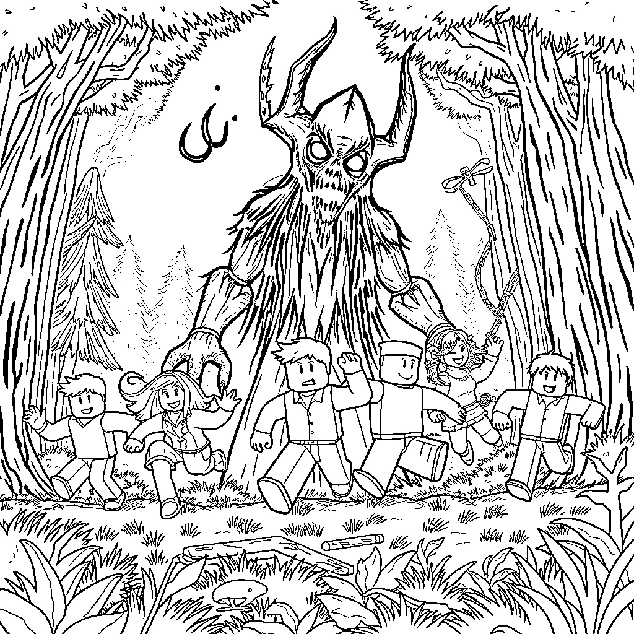 Roblox Character Encountering a Fearsome Creature in the Forest Coloring Page (free black-and-white line drawing printable PDF for all, from beginners to advanced learners, including children, teens, adults, and seniors)