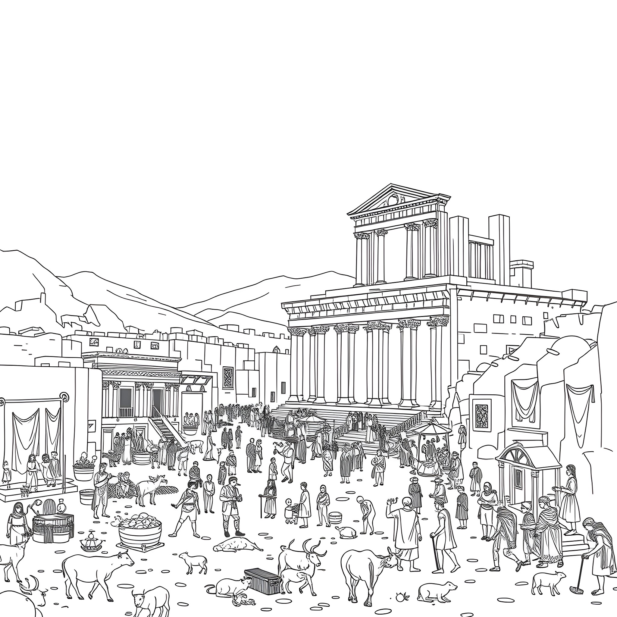 Ancient Life in a Bustling Ancient City Coloring Page (free black-and-white line drawing printable PDF for all, from beginners to advanced learners, including children, teens, adults, and seniors)