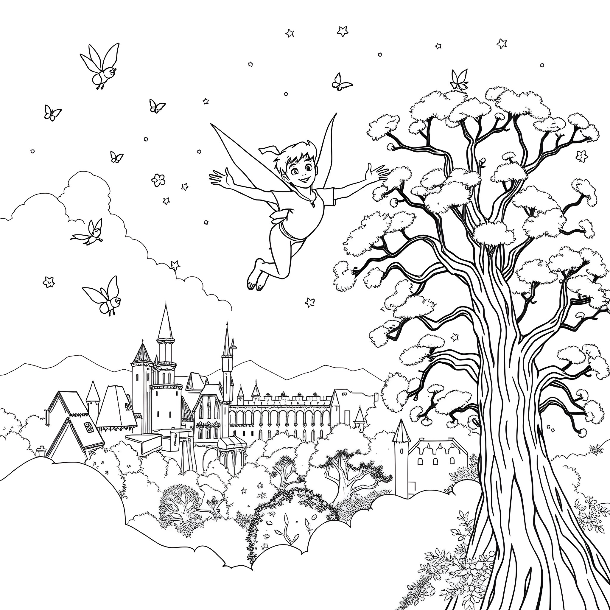 Peter Pan soaring above the magical fantasy kingdom Coloring Page (free black-and-white line drawing printable PDF for all, from beginners to advanced learners, including children, teens, adults, and seniors)