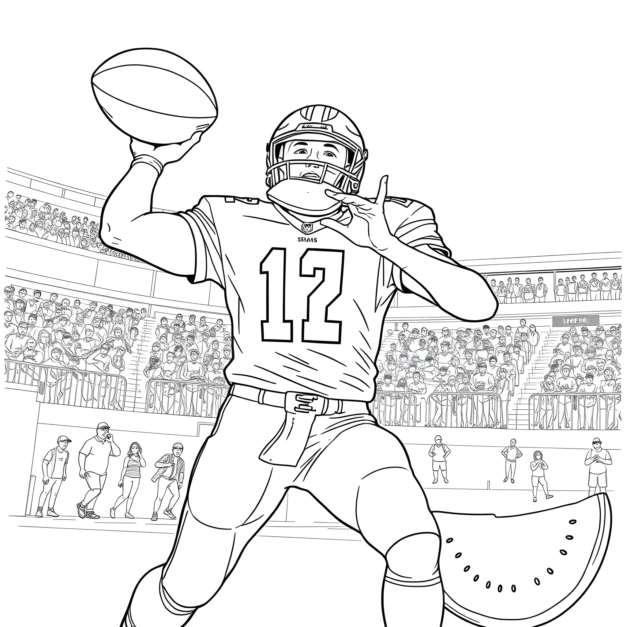 Football Player Celebrating Touchdown in Stadium Coloring Page (free black-and-white line drawing printable PDF for all, from beginners to advanced learners, including children, teens, adults, and seniors)