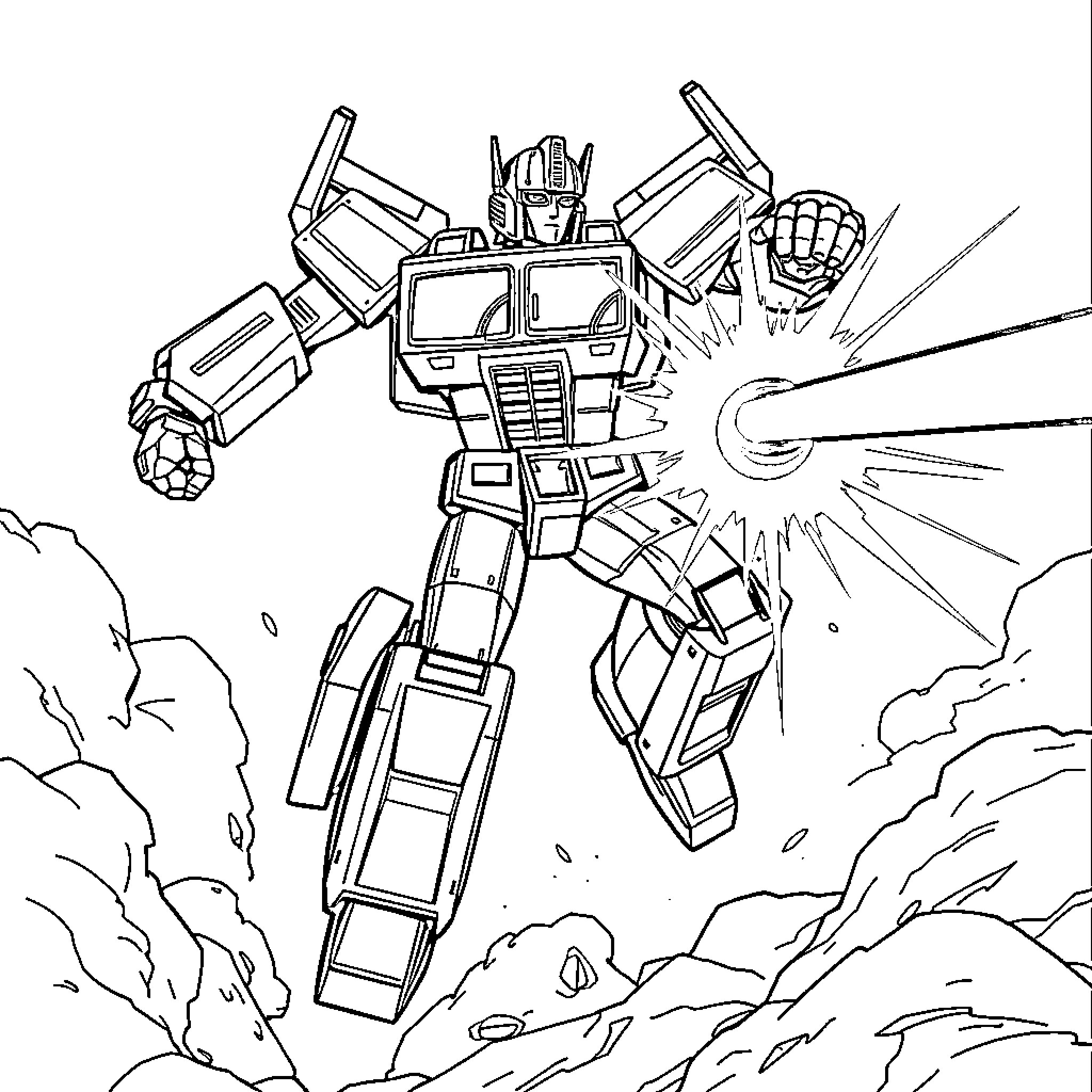 Optimus Prime in epic battle stance Coloring Page (free black-and-white line drawing printable PDF for all, from beginners to advanced learners, including children, teens, adults, and seniors)