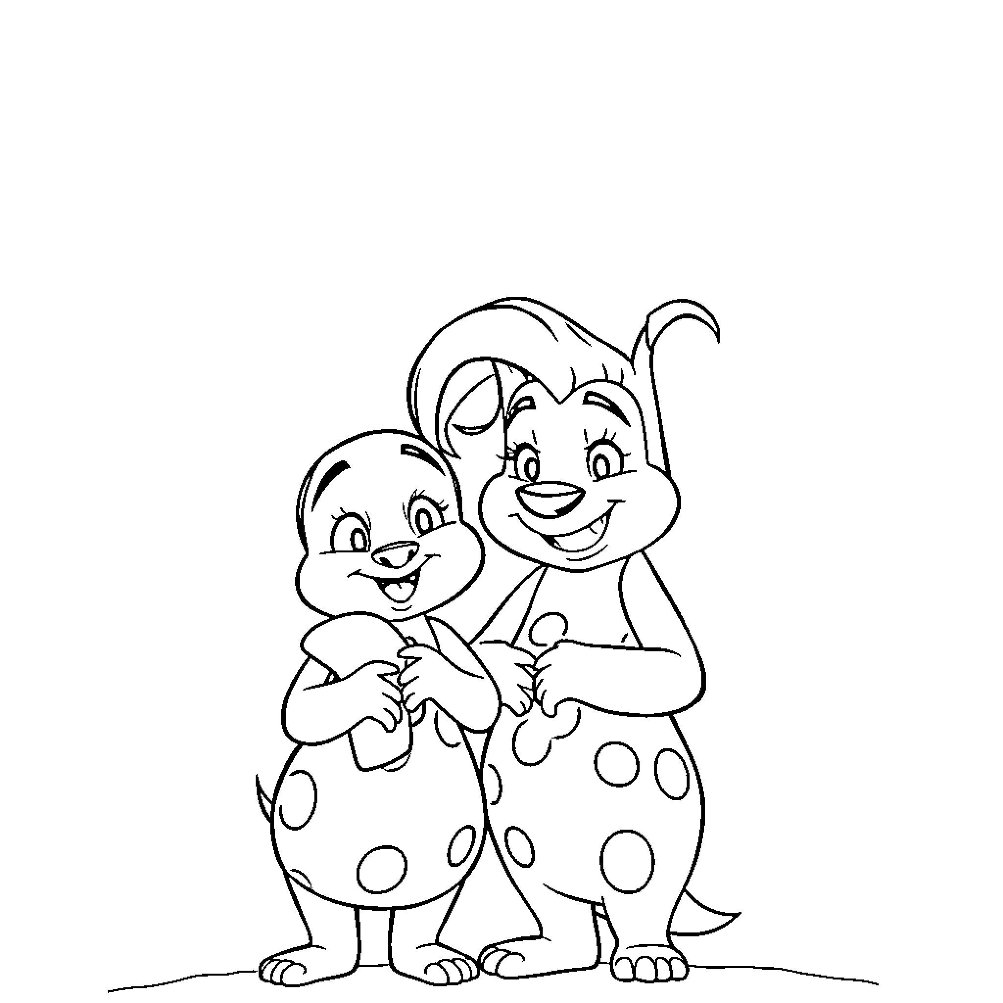Lilo and spotty companion in playful embrace Coloring Page (free black-and-white line drawing printable PDF for all, from beginners to advanced learners, including children, teens, adults, and seniors)