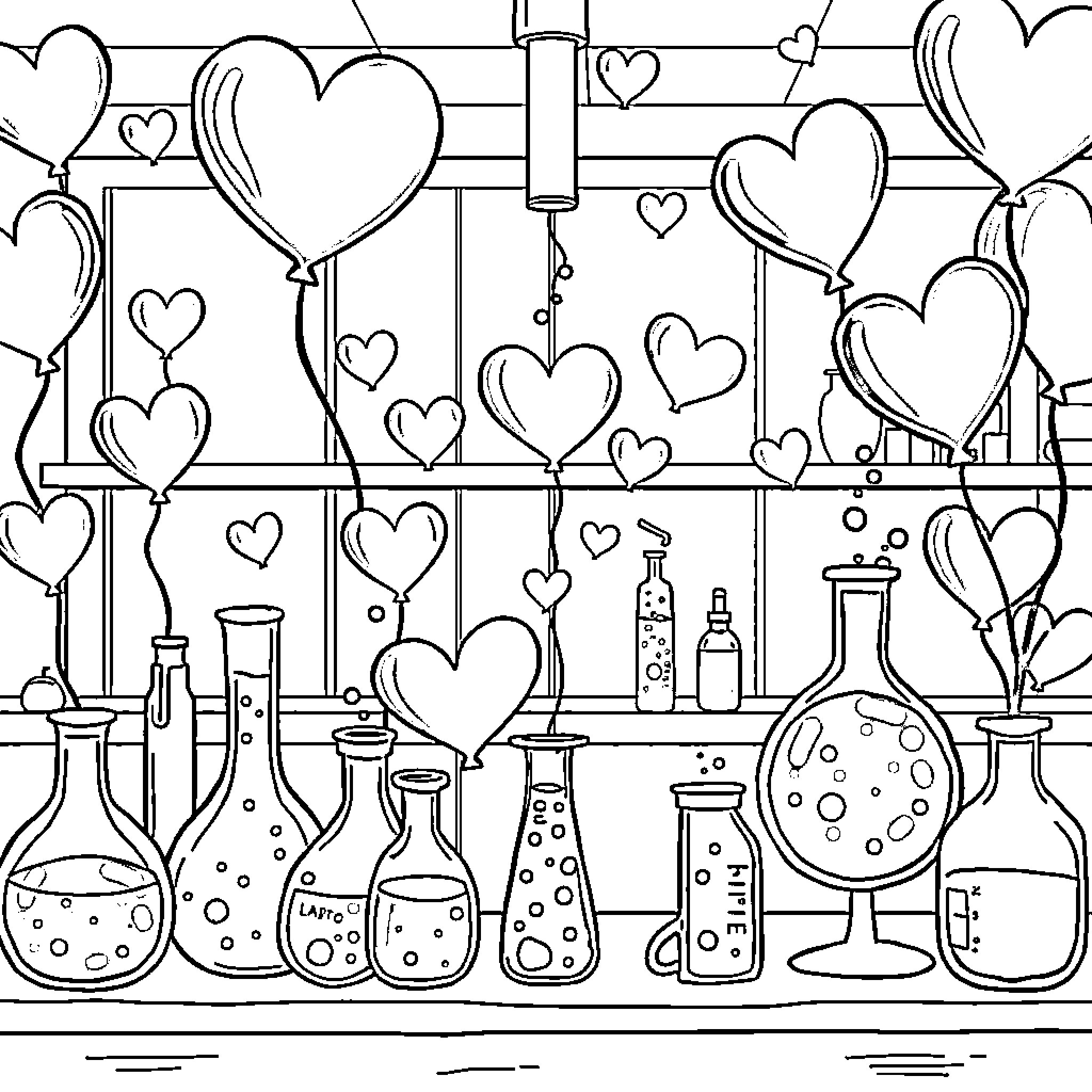 Chemistry Love and Experiments Coloring Page (free black-and-white line drawing printable PDF for all, from beginners to advanced learners, including children, teens, adults, and seniors)