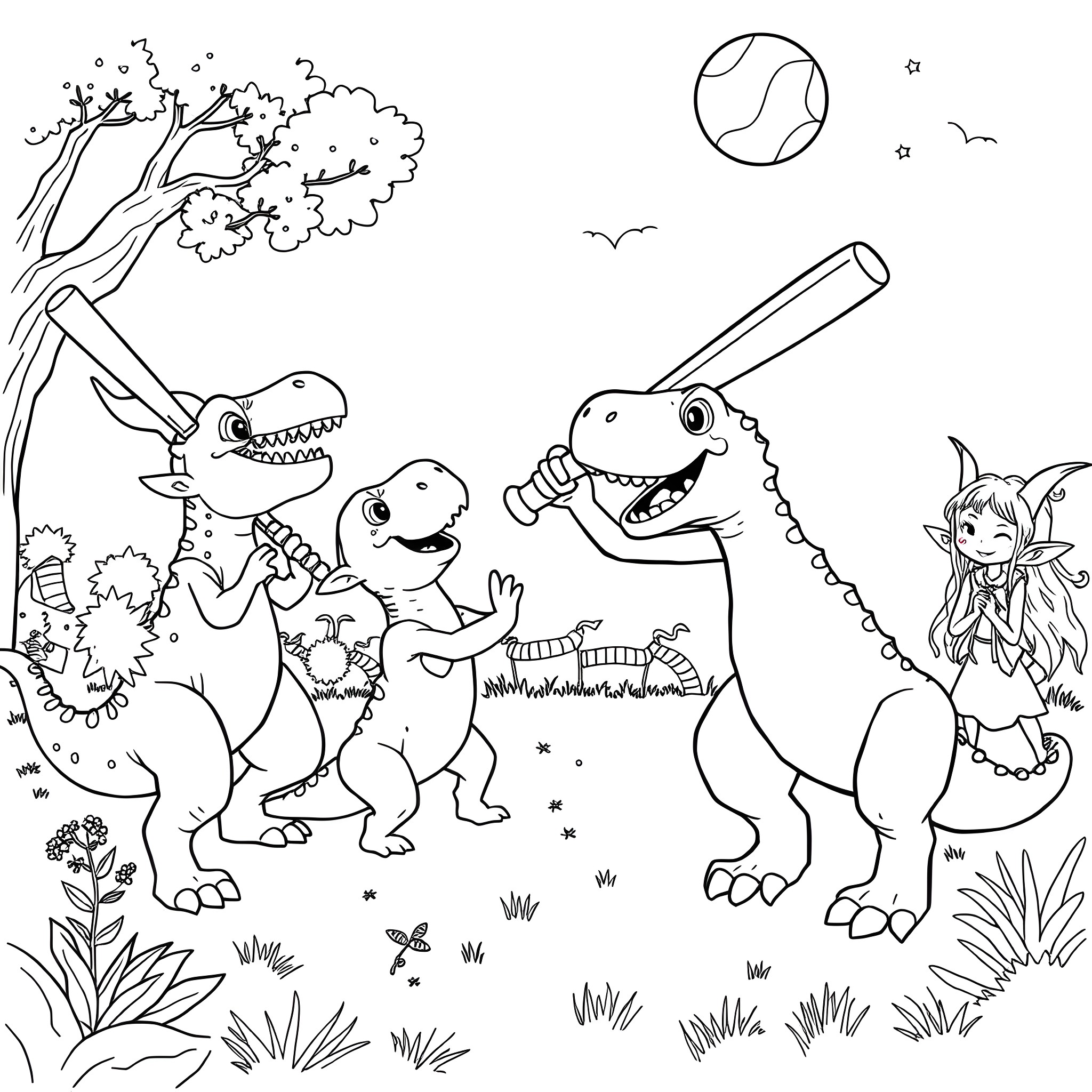 Dinosaur family playing and enjoying the outdoors Coloring Page (free black-and-white line drawing printable PDF for all, from beginners to advanced learners, including children, teens, adults, and seniors)