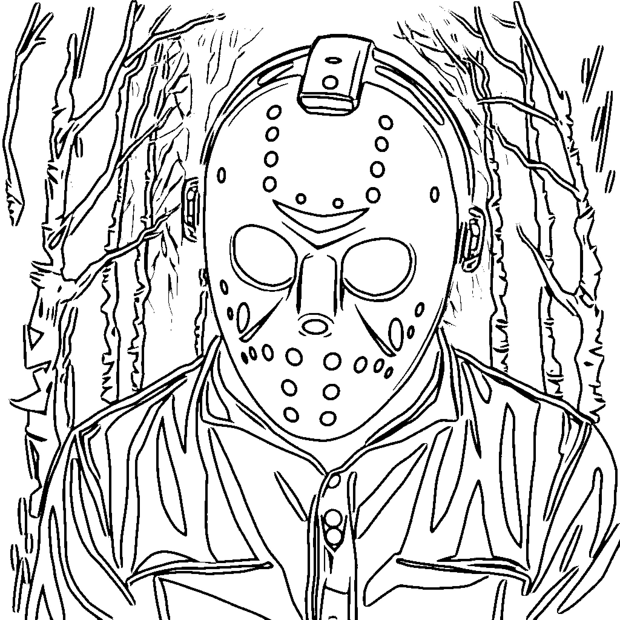 Jason Voorhees in the Haunted Forest Coloring Page (free black-and-white line drawing printable PDF for all, from beginners to advanced learners, including children, teens, adults, and seniors)