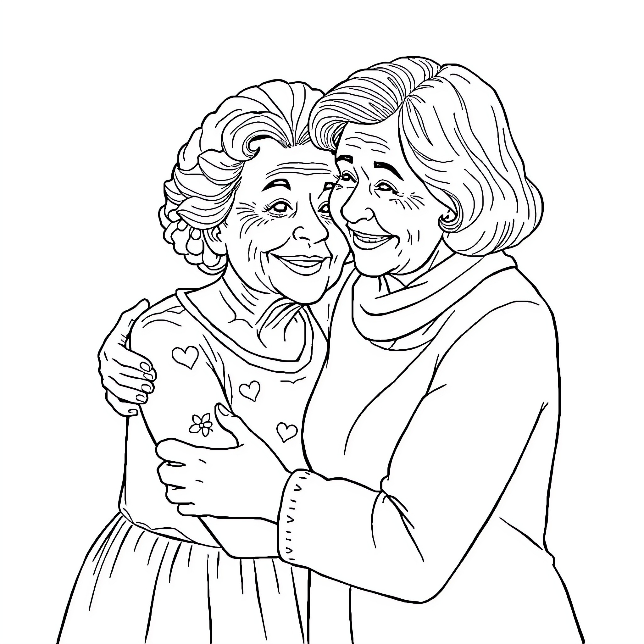 Granddaughters Embracing with Joyful Expressions Coloring Page (free black-and-white line drawing printable PDF for all, from beginners to advanced learners, including children, teens, adults, and seniors)