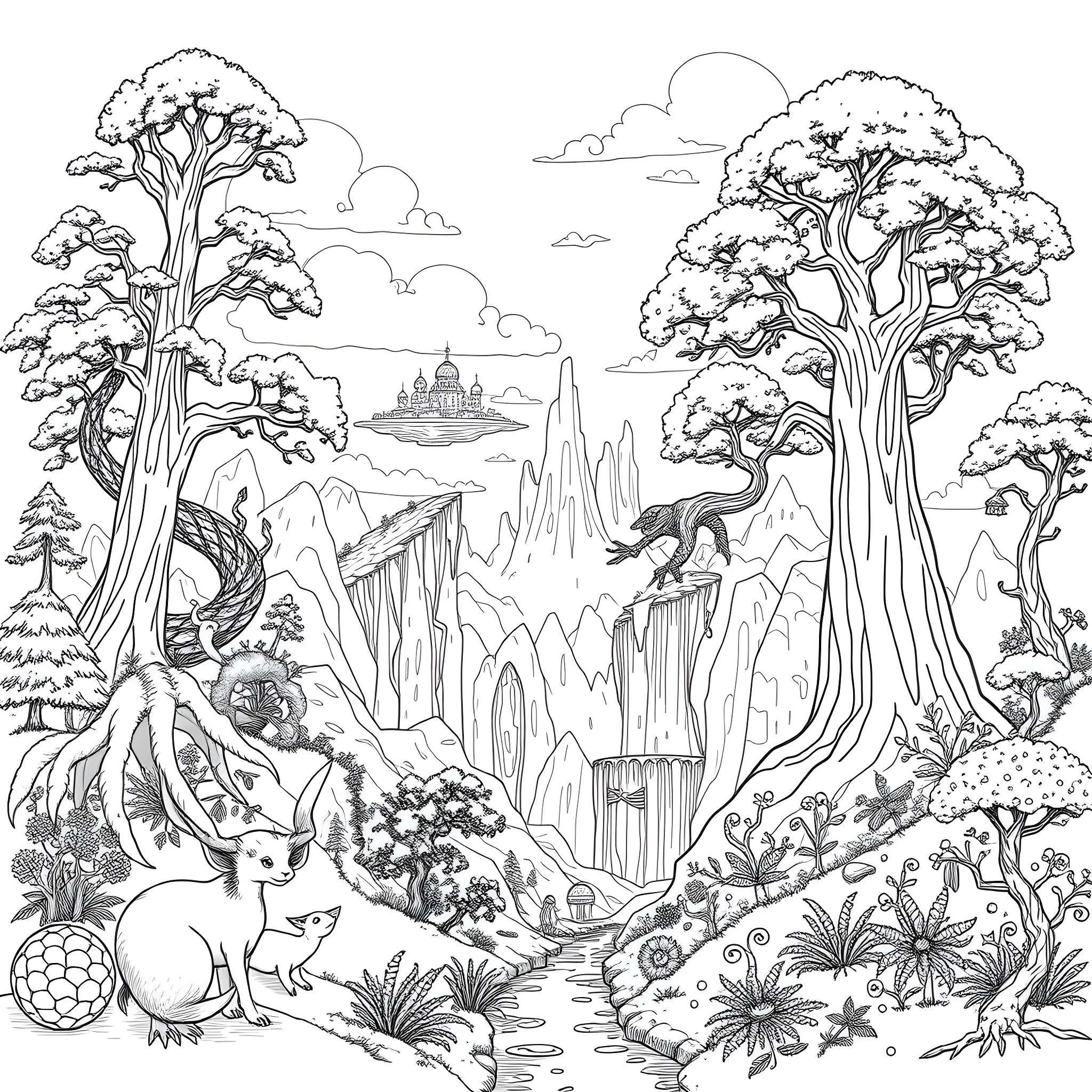 Nature scene with fantasy landscape and wildlife Coloring Page (free black-and-white line drawing printable PDF for all, from beginners to advanced learners, including children, teens, adults, and seniors)