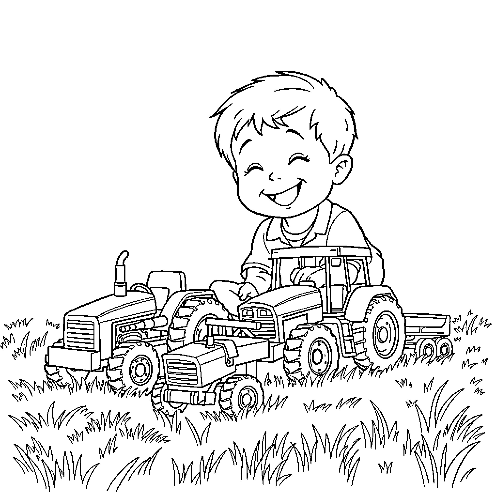 Boy happily driving a tractor in the field Coloring Page (free black-and-white line drawing printable PDF for all, from beginners to advanced learners, including children, teens, adults, and seniors)