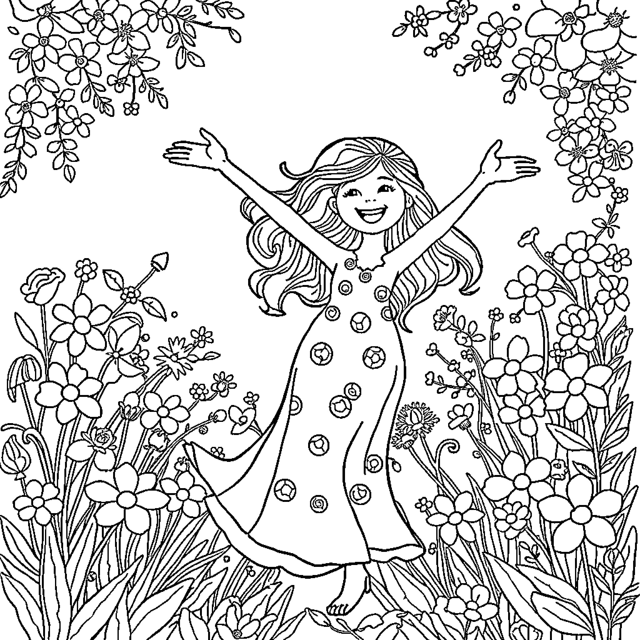 Stafy: Girl joyfully playing in a floral field Coloring Page (free black-and-white line drawing printable PDF for all, from beginners to advanced learners, including children, teens, adults, and seniors)