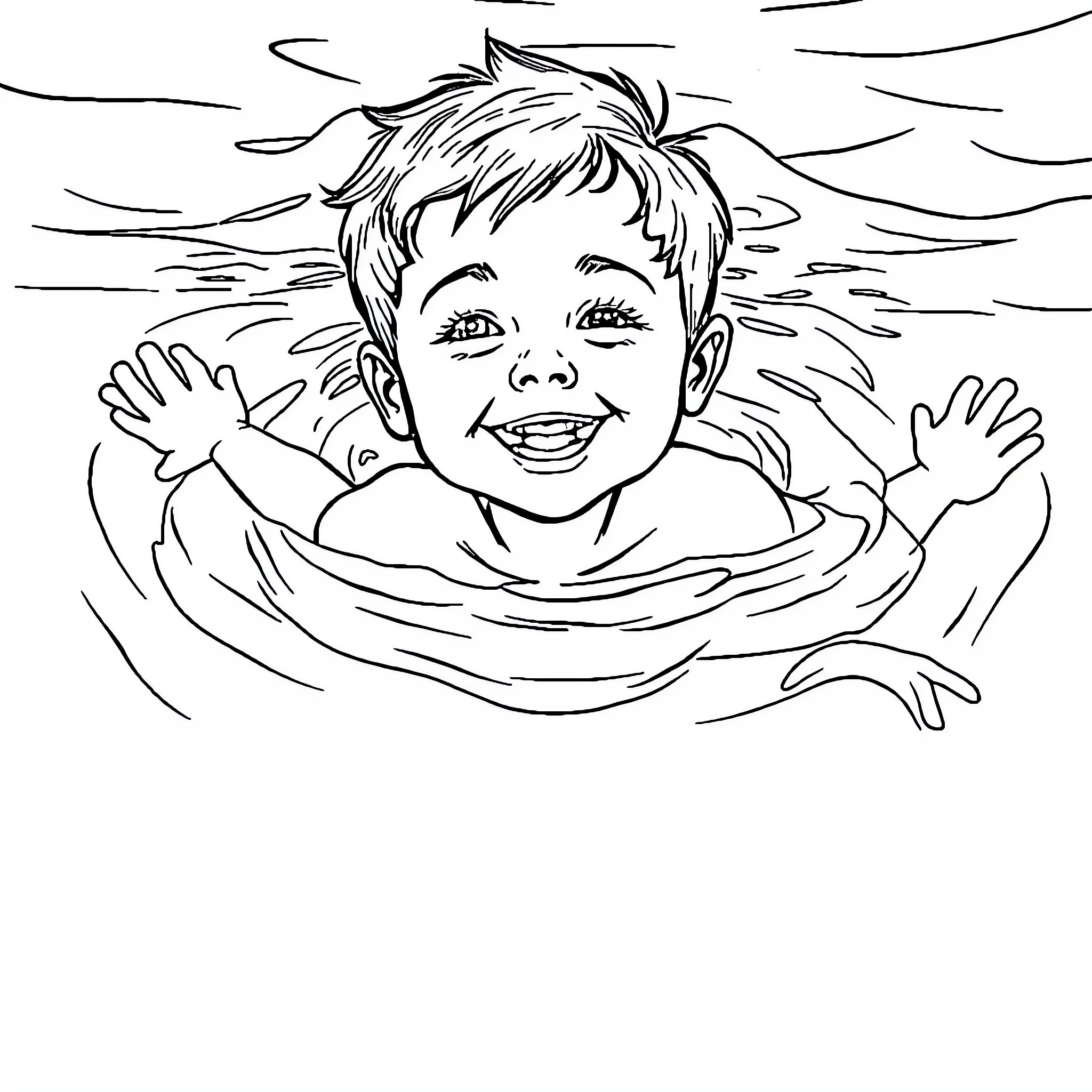 Boy joyfully swimming in the water Coloring Page (free black-and-white line drawing printable PDF for all, from beginners to advanced learners, including children, teens, adults, and seniors)