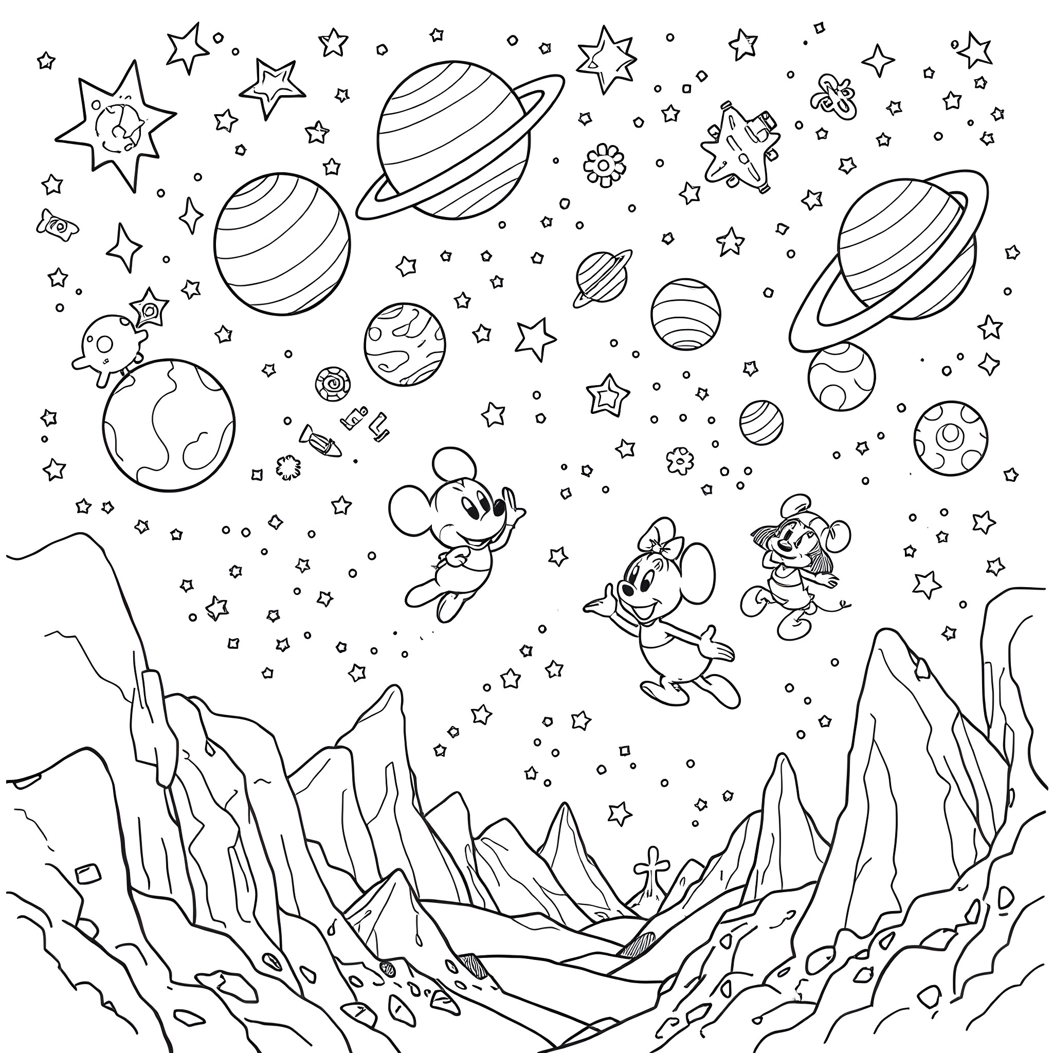Disney Characters Exploring Cosmic Space with Planets and Stars Coloring Page (free black-and-white line drawing printable PDF for all, from beginners to advanced learners, including children, teens, adults, and seniors)