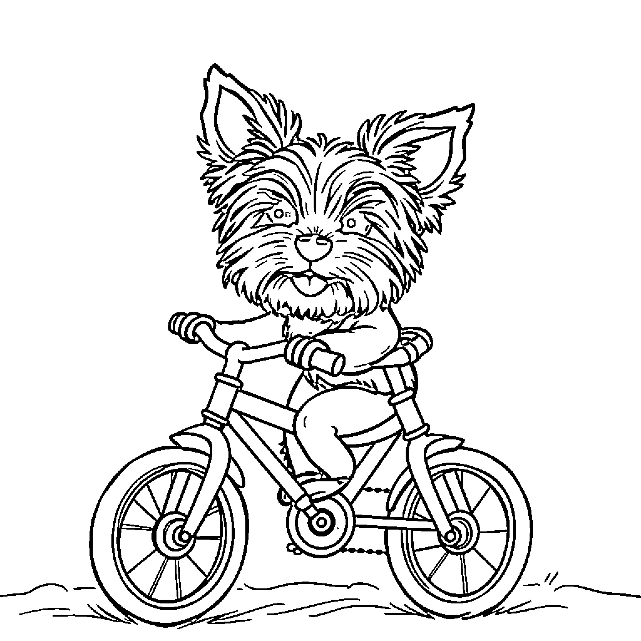 Yorkie riding a bicycle joyfully Coloring Page (free black-and-white line drawing printable PDF for all, from beginners to advanced learners, including children, teens, adults, and seniors)