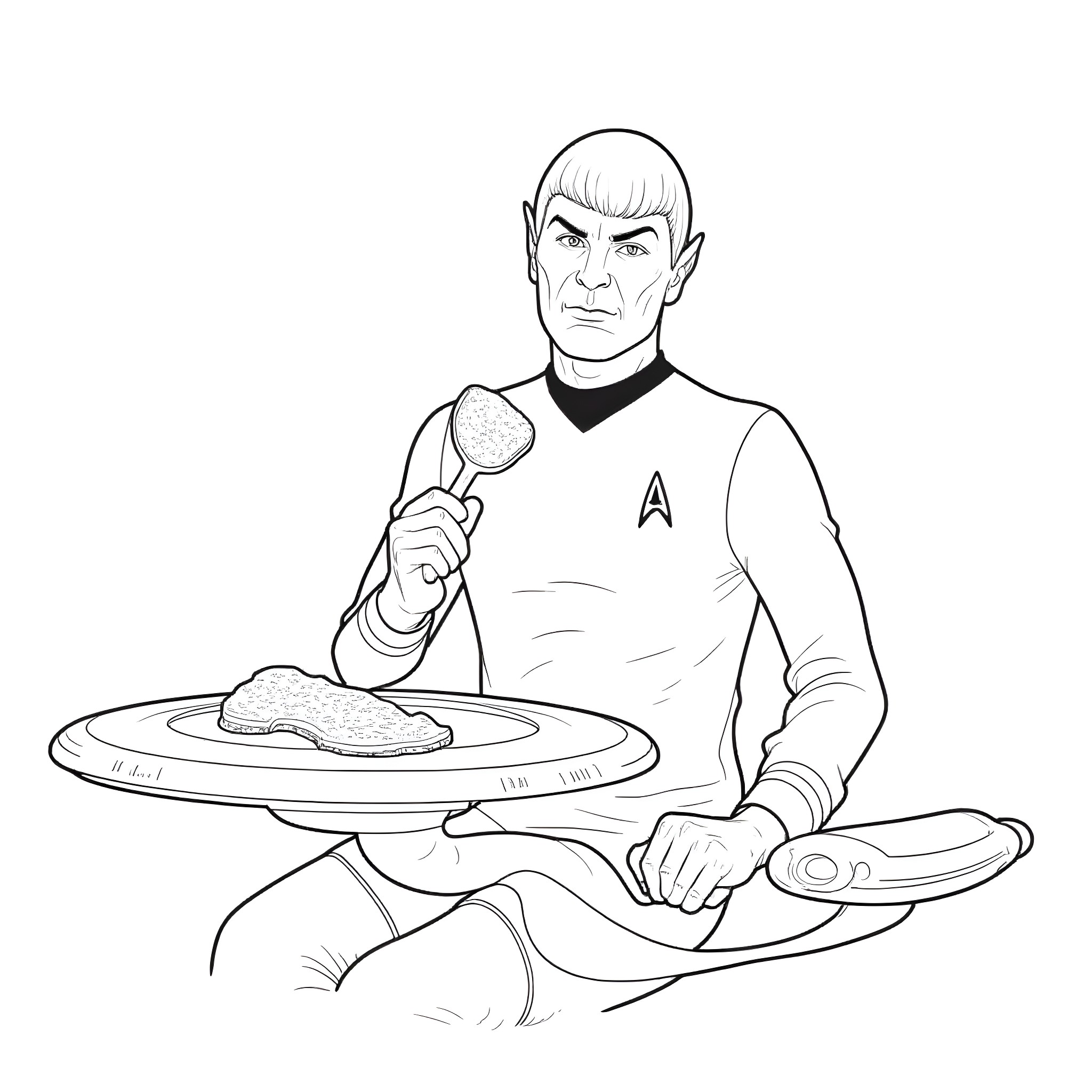 Spock preparing a meal on the Enterprise Coloring Page (free black-and-white line drawing printable PDF for all, from beginners to advanced learners, including children, teens, adults, and seniors)