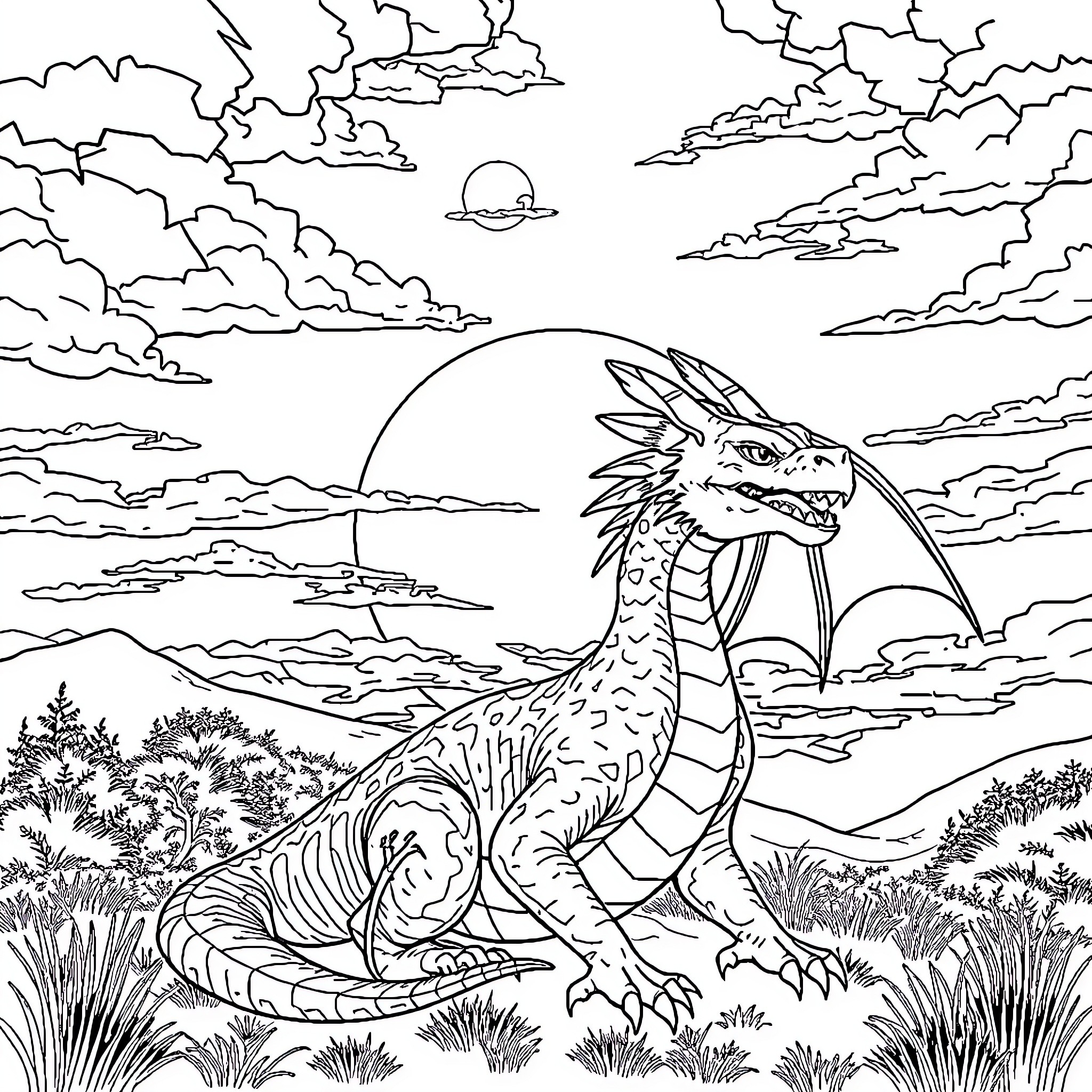 Dracaufeu exploring the mystical landscape Coloring Page (free black-and-white line drawing printable PDF for all, from beginners to advanced learners, including children, teens, adults, and seniors)