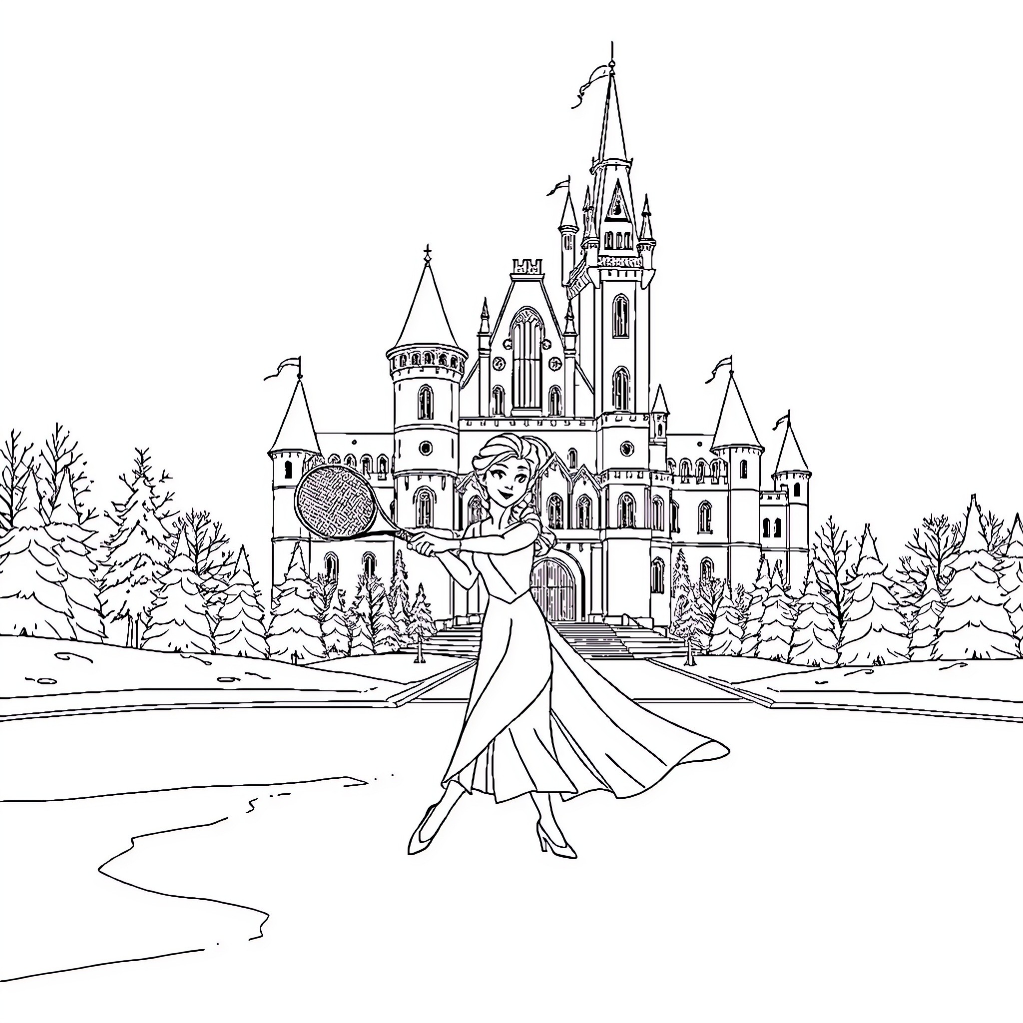 Frozen Princess Enjoying a Magical Castle Scene Coloring Page (free black-and-white line drawing printable PDF for all, from beginners to advanced learners, including children, teens, adults, and seniors)