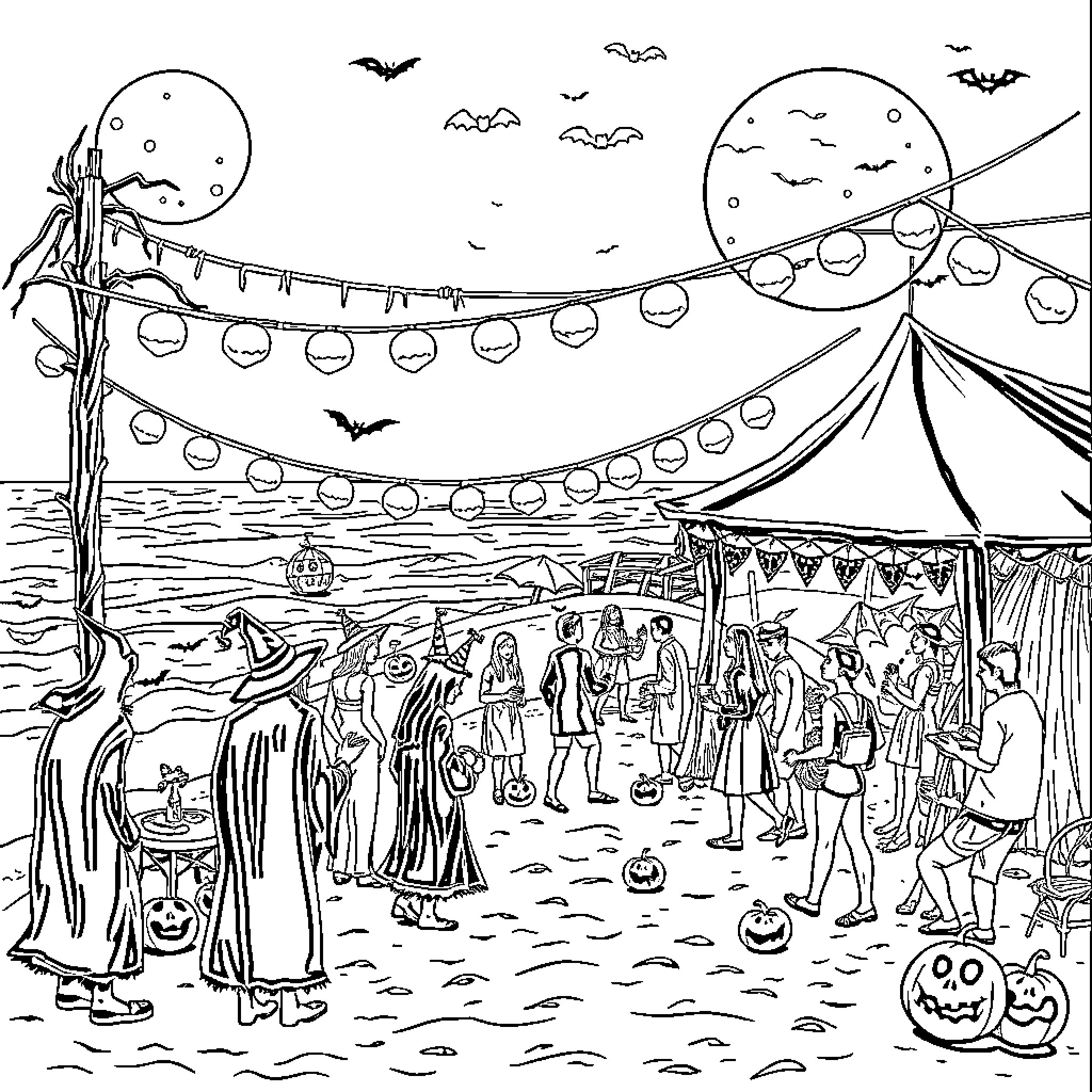 Halloween Festive Scene with Costumes and Decorations Coloring Page (free black-and-white line drawing printable PDF for all, from beginners to advanced learners, including children, teens, adults, and seniors)