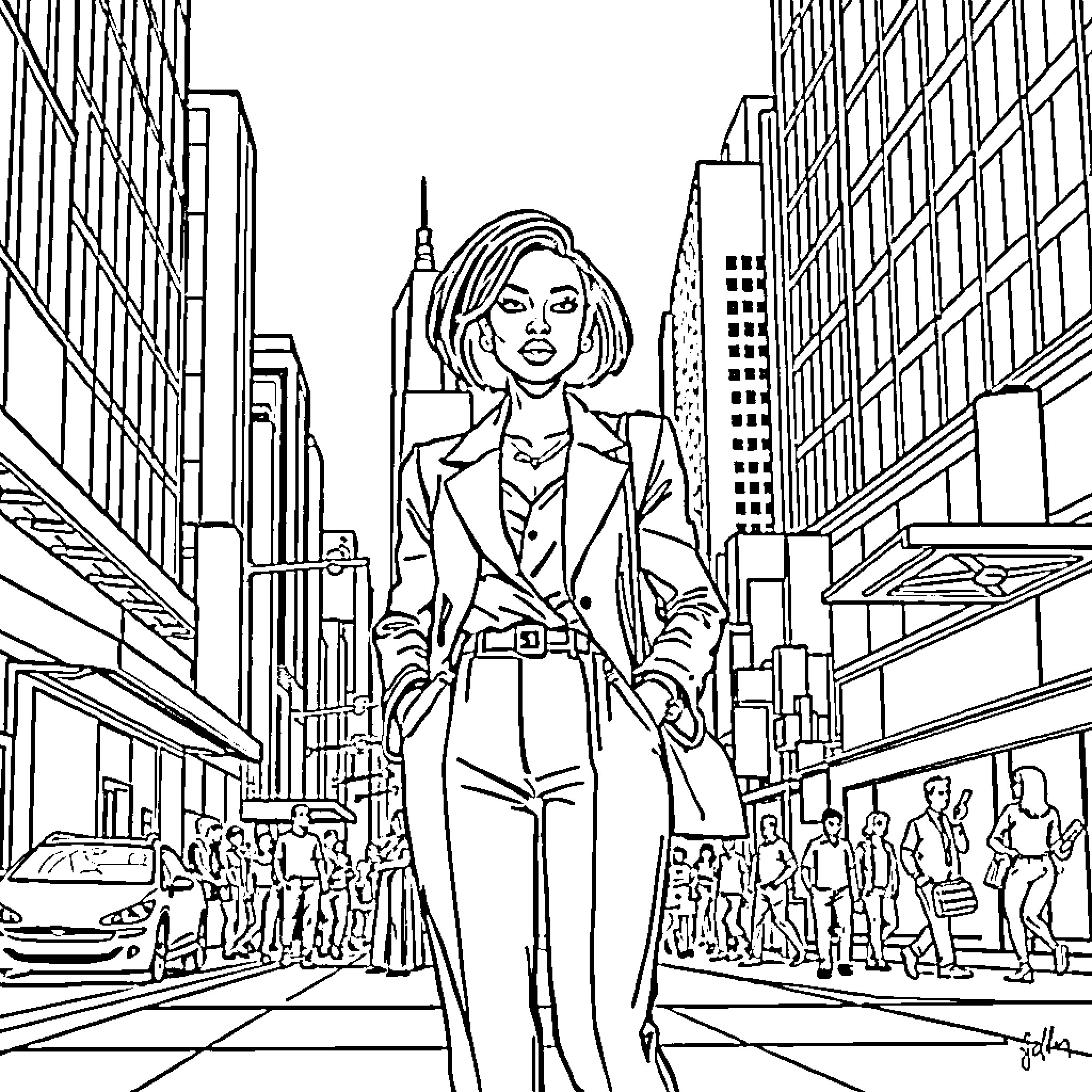Woman in business attire walking through busy city street Coloring Page (free black-and-white line drawing printable PDF for all, from beginners to advanced learners, including children, teens, adults, and seniors)