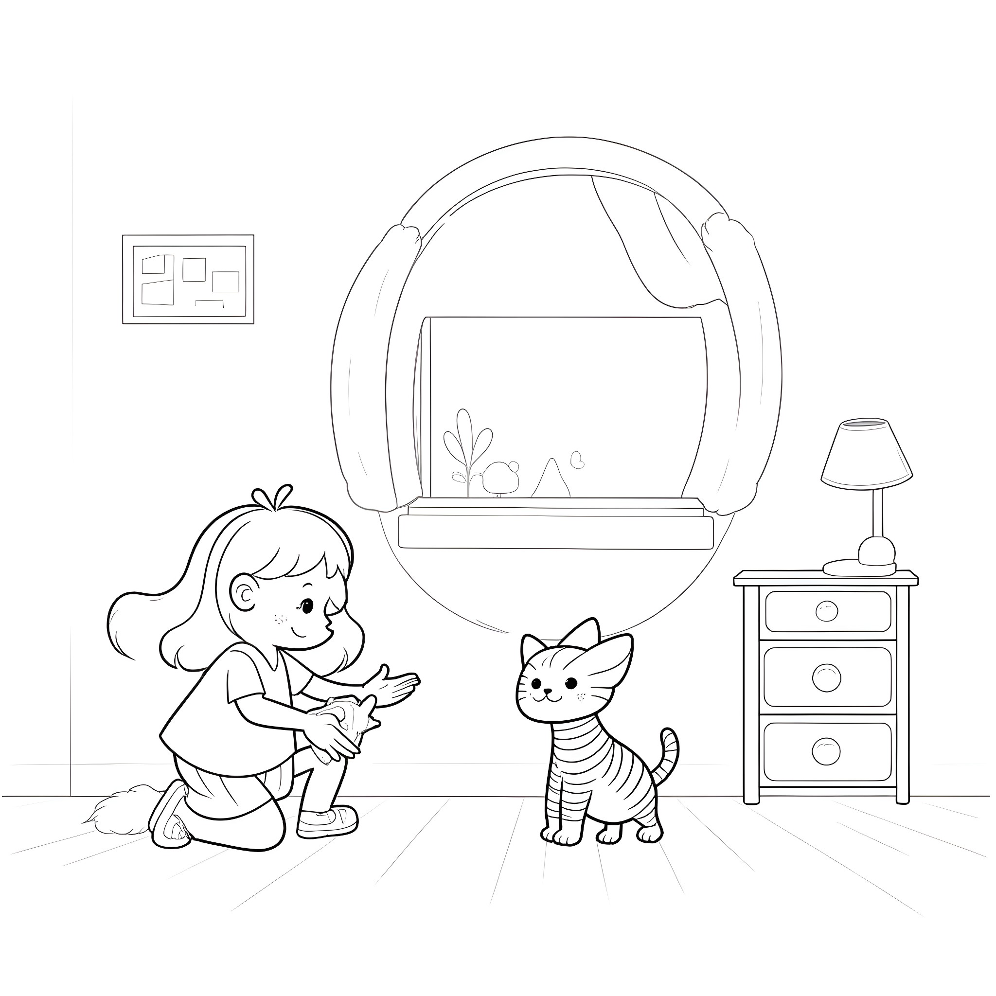 Girl playing with a cute cat in a cozy room Coloring Page (free black-and-white line drawing printable PDF for all, from beginners to advanced learners, including children, teens, adults, and seniors)