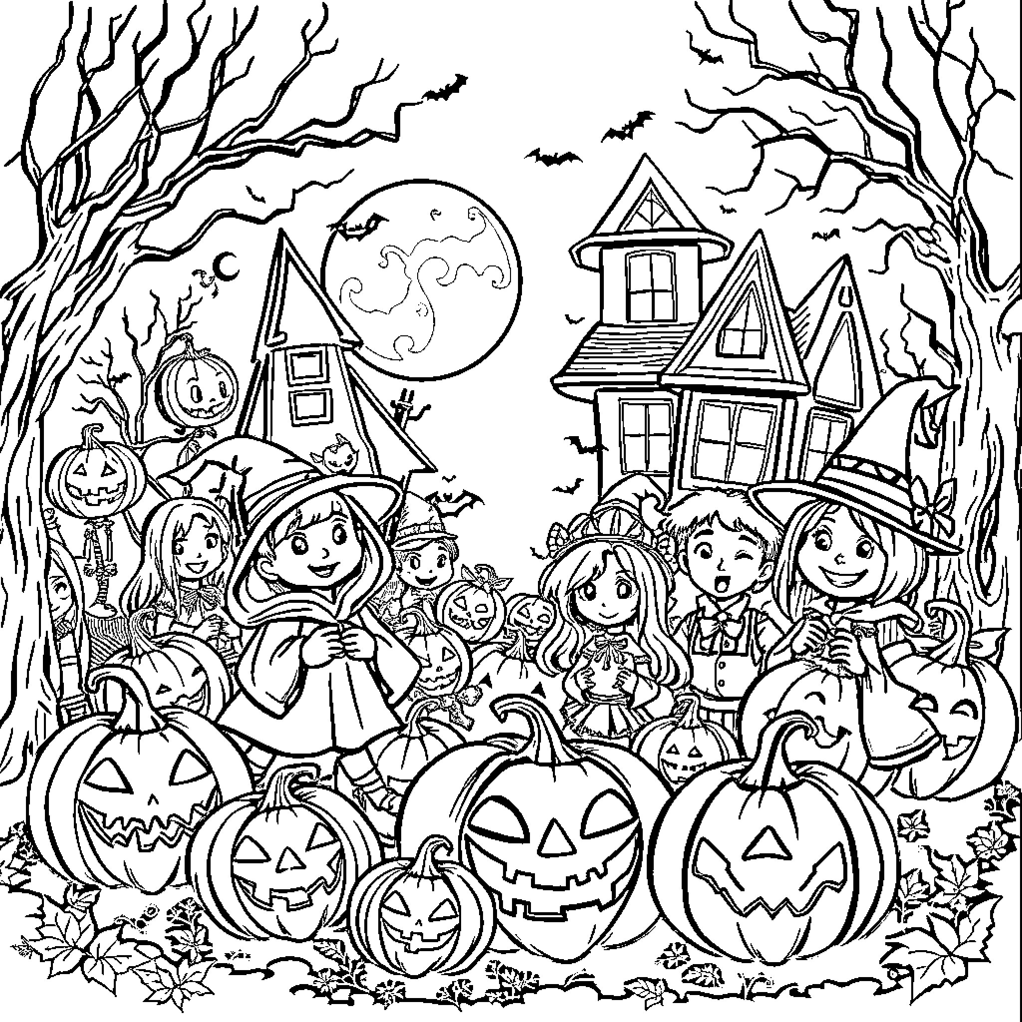 Halloween Fun with Costumed Children and Jack-o'-Lanterns Coloring Page (free black-and-white line drawing printable PDF for all, from beginners to advanced learners, including children, teens, adults, and seniors)