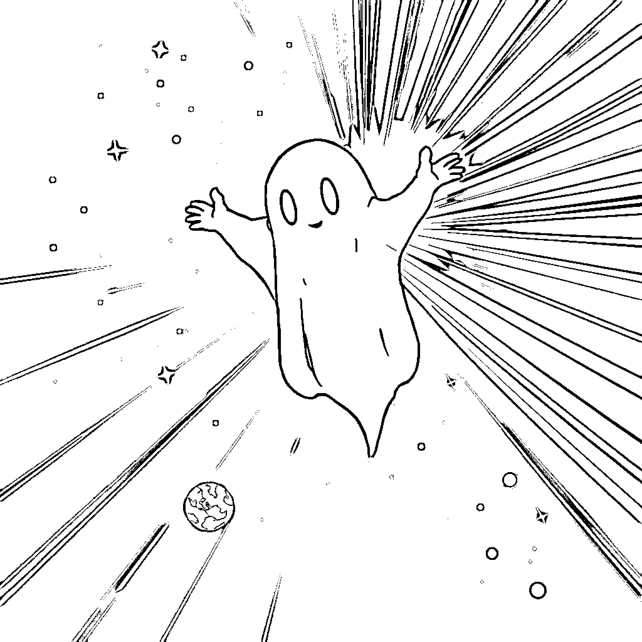 Ghost appearing in a cosmic explosion Coloring Page (free black-and-white line drawing printable PDF for all, from beginners to advanced learners, including children, teens, adults, and seniors)