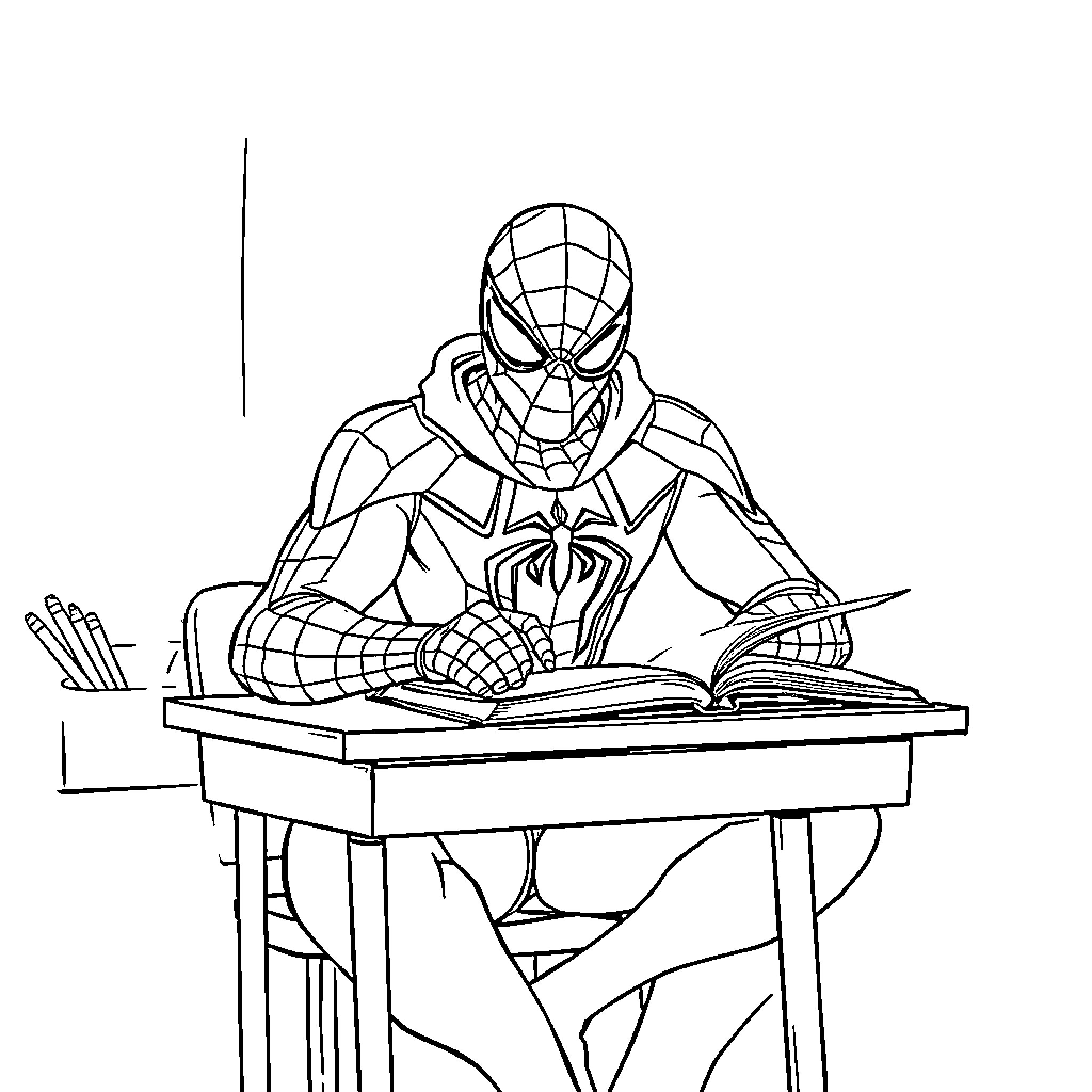 Spiderman studying diligently at his desk Coloring Page (free black-and-white line drawing printable PDF for all, from beginners to advanced learners, including children, teens, adults, and seniors)