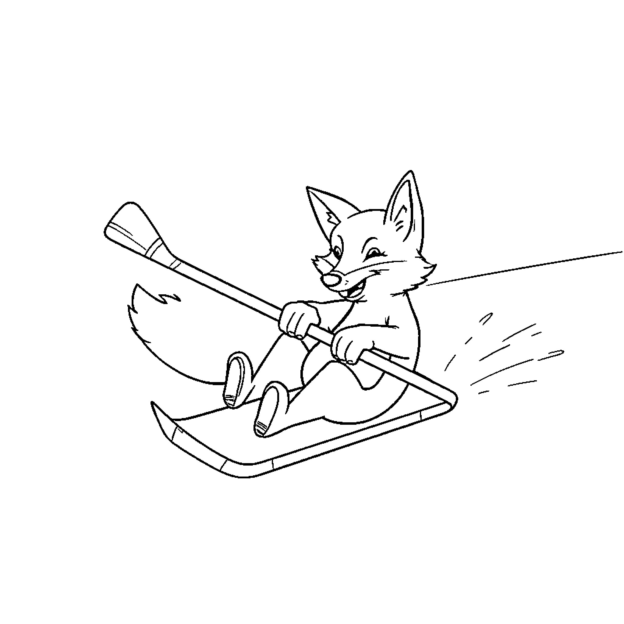 Fox paddling merrily on a toboggan Coloring Page (free black-and-white line drawing printable PDF for all, from beginners to advanced learners, including children, teens, adults, and seniors)