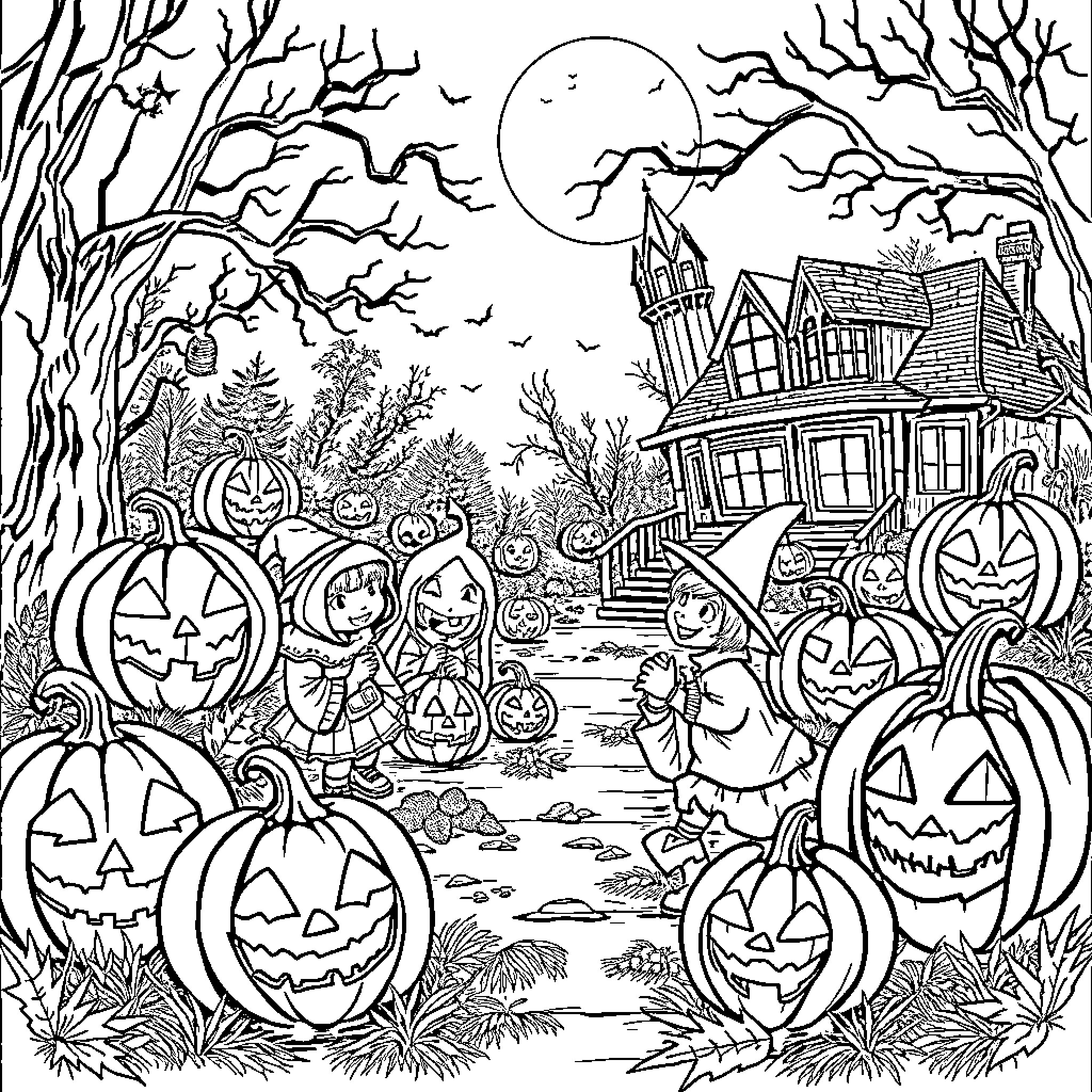 Halloween Night in Haunted Village Coloring Page (free black-and-white line drawing printable PDF for all, from beginners to advanced learners, including children, teens, adults, and seniors)