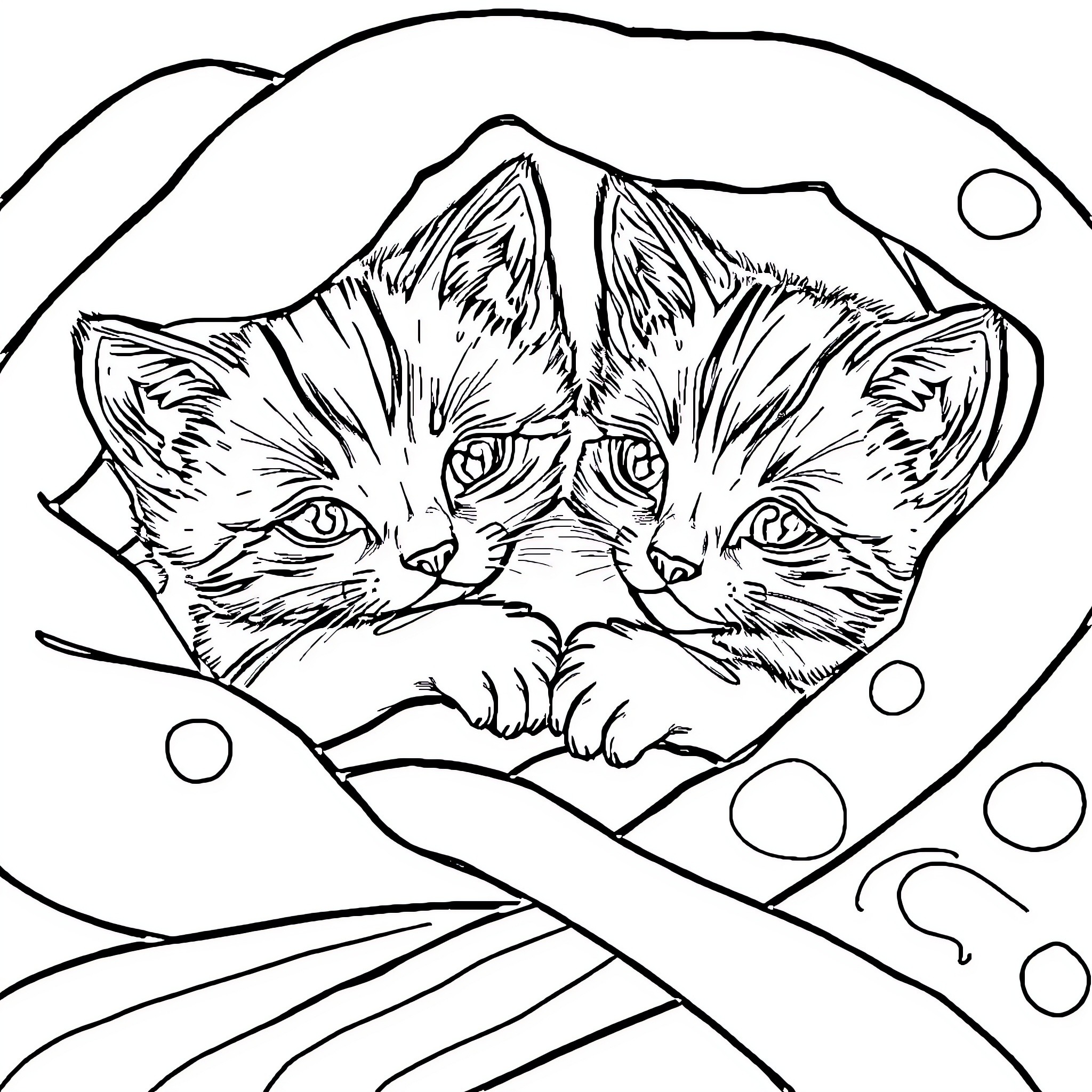 Kittens playing in the snow Coloring Page (free black-and-white line drawing printable PDF for all, from beginners to advanced learners, including children, teens, adults, and seniors)