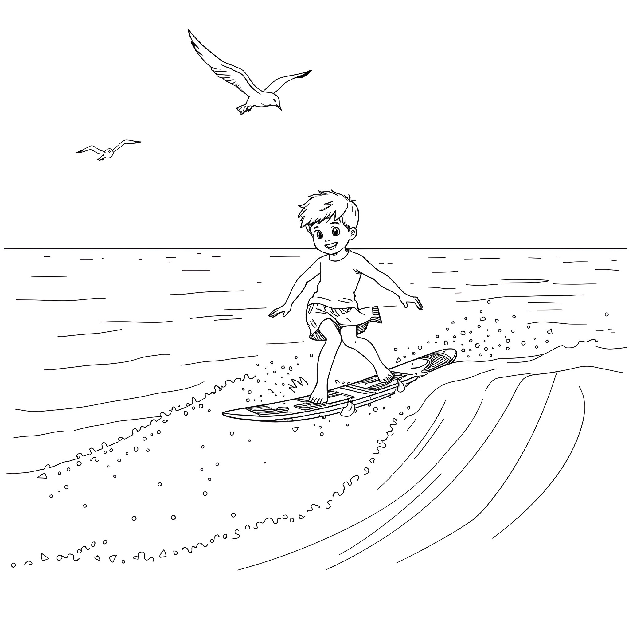 Child surfing waves with seagulls in the sky Coloring Page (free black-and-white line drawing printable PDF for all, from beginners to advanced learners, including children, teens, adults, and seniors)