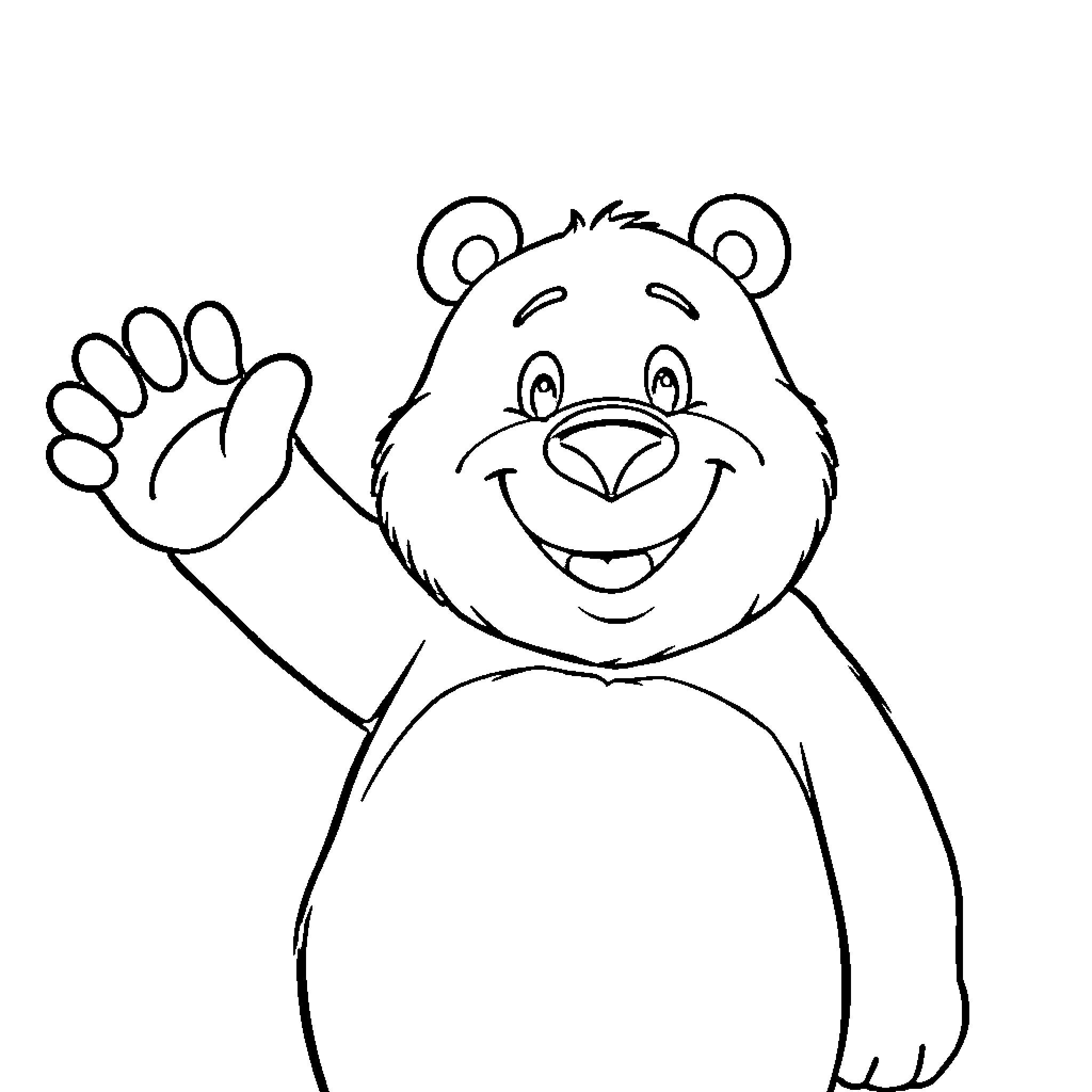 Bear waving and smiling cheerfully Coloring Page (free black-and-white line drawing printable PDF for all, from beginners to advanced learners, including children, teens, adults, and seniors)
