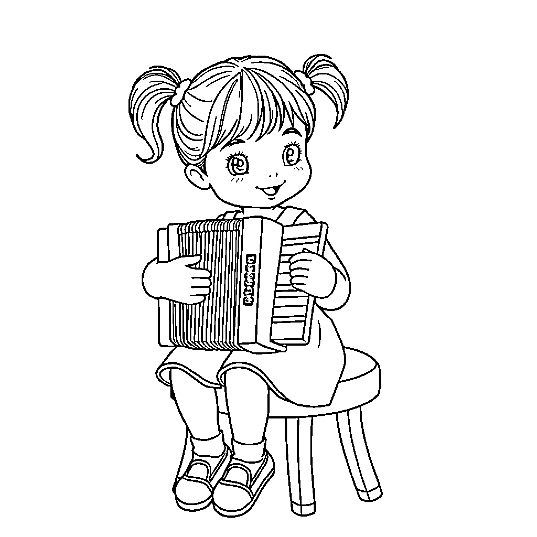 Girl playing musical accordion with pigtails Coloring Page (free black-and-white line drawing printable PDF for all, from beginners to advanced learners, including children, teens, adults, and seniors)