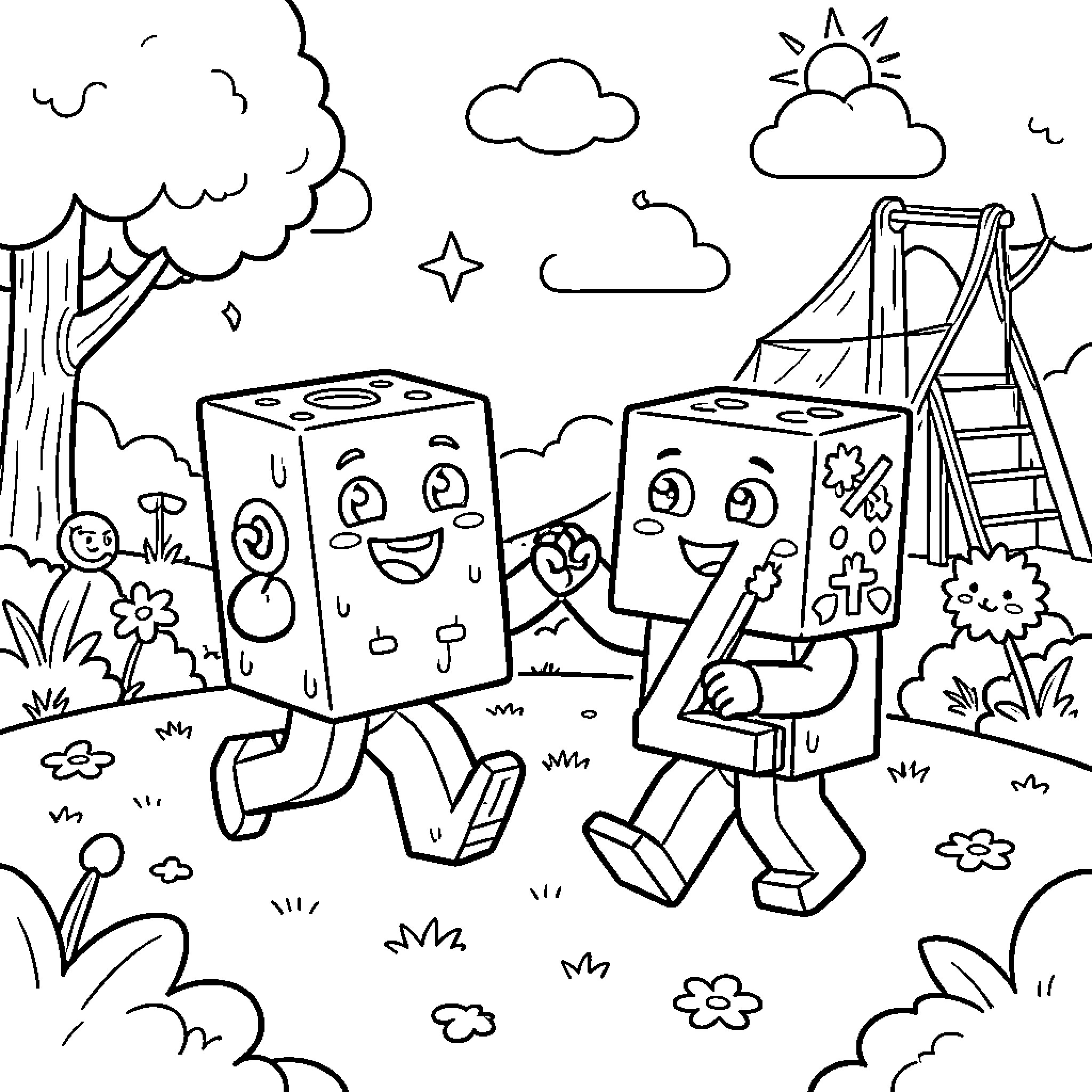 Number Block characters running joyfully in a sunny park Coloring Page (free black-and-white line drawing printable PDF for all, from beginners to advanced learners, including children, teens, adults, and seniors)