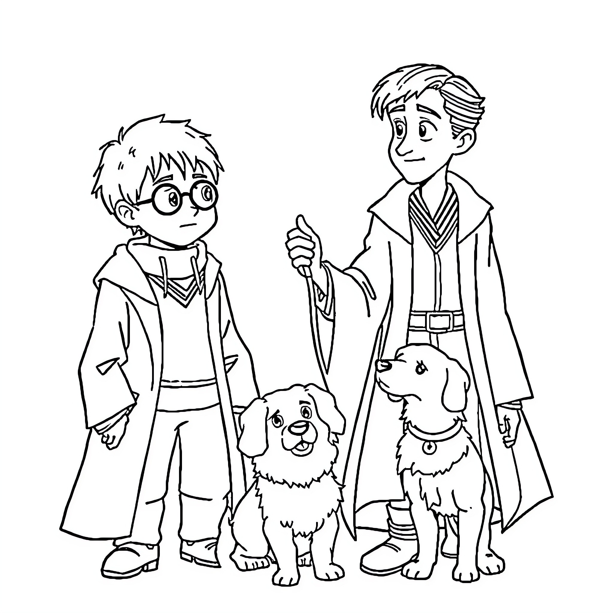 Sausage Dog and friends on an adventure Coloring Page (free black-and-white line drawing printable PDF for all, from beginners to advanced learners, including children, teens, adults, and seniors)