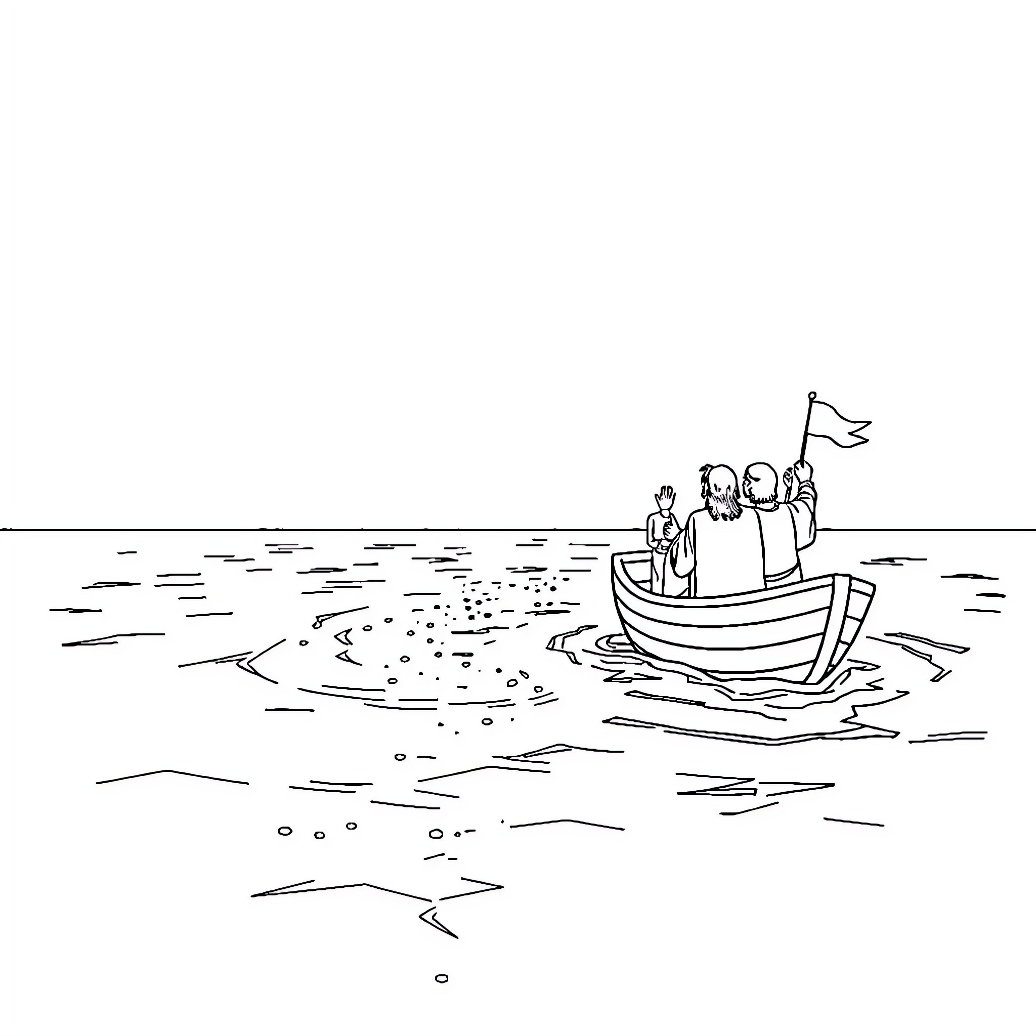 Jesus leads disciples in a boat on the sea Coloring Page (free black-and-white line drawing printable PDF for all, from beginners to advanced learners, including children, teens, adults, and seniors)