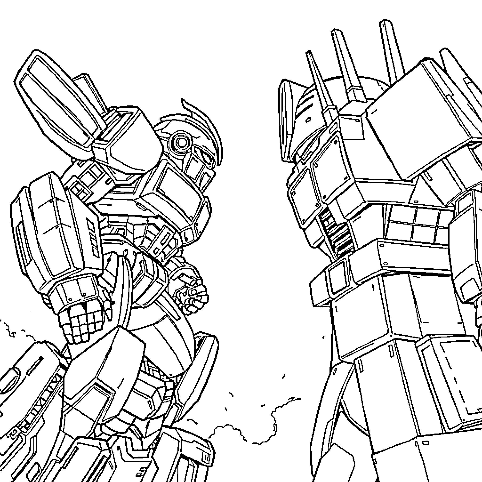 Bumblebee transformers battling in epic scene Coloring Page (free black-and-white line drawing printable PDF for all, from beginners to advanced learners, including children, teens, adults, and seniors)
