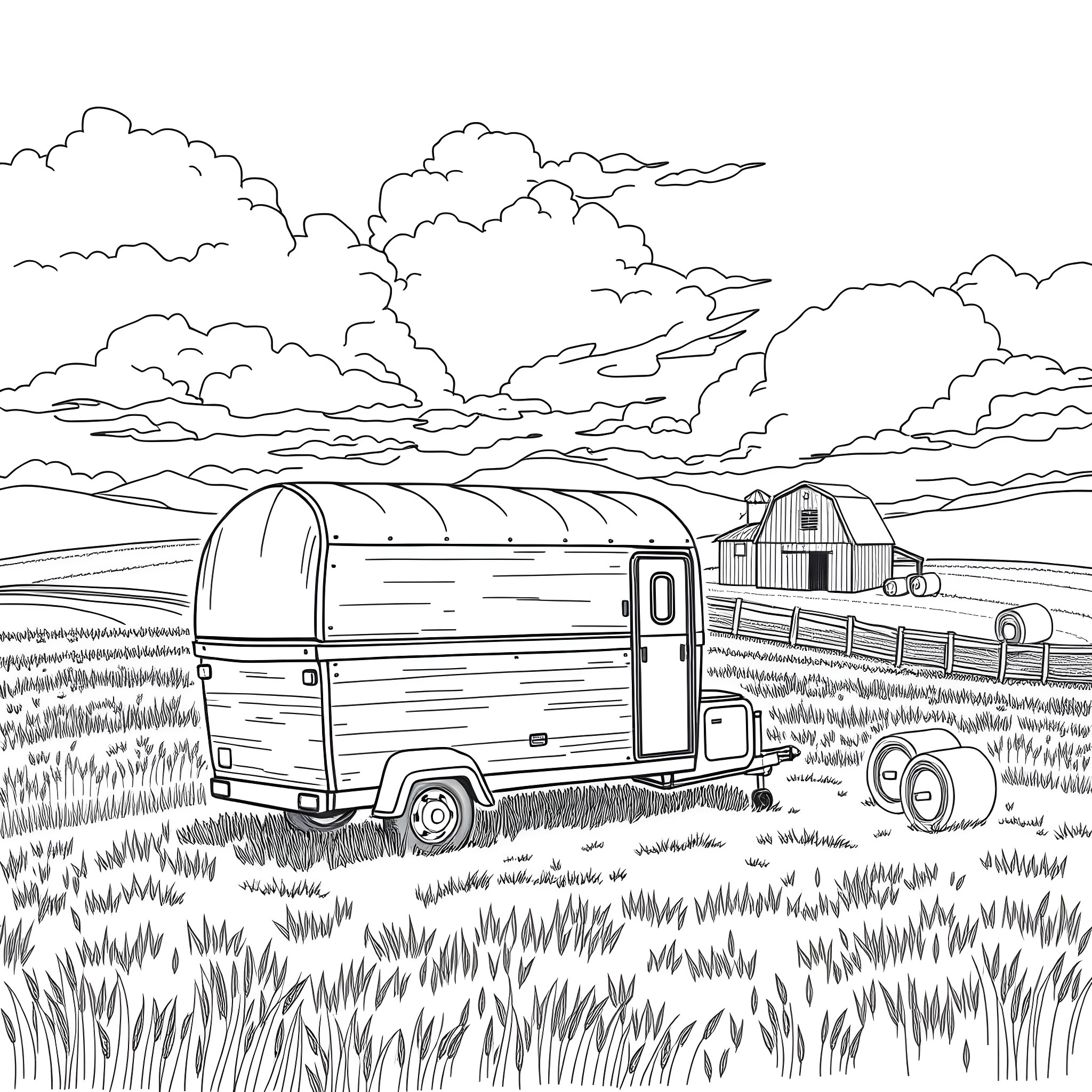Trailer with Barn in Countryside Landscape Coloring Page (free black-and-white line drawing printable PDF for all, from beginners to advanced learners, including children, teens, adults, and seniors)