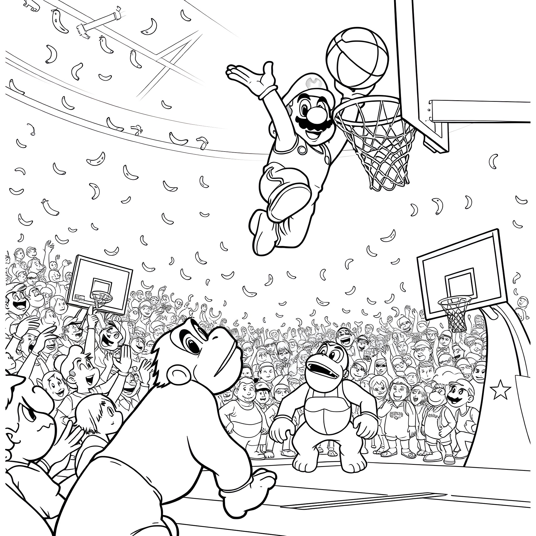Mario Basketball Game with Cheering Fans Coloring Page (free black-and-white line drawing printable PDF for all, from beginners to advanced learners, including children, teens, adults, and seniors)