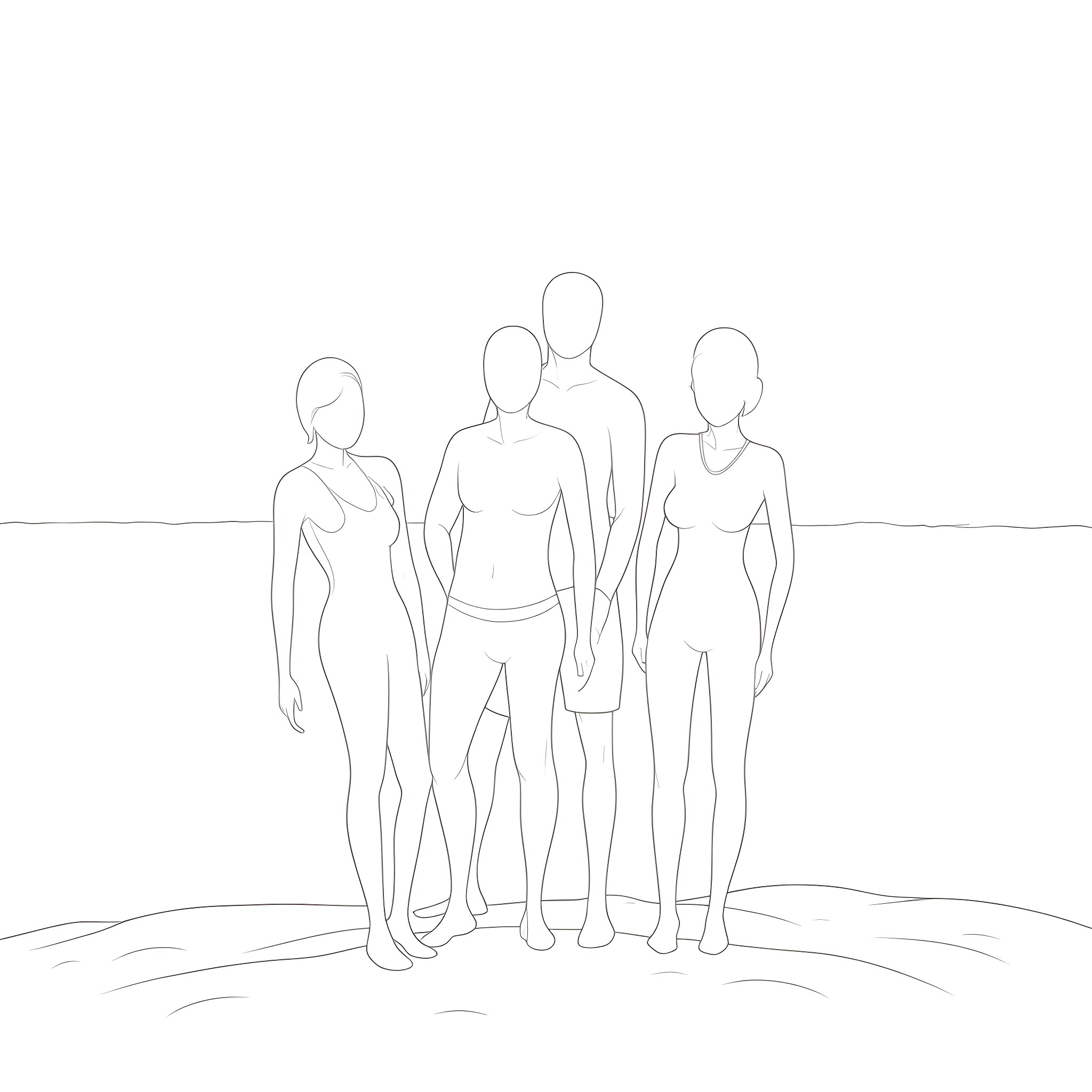 Human figures standing together on the beach Coloring Page (free black-and-white line drawing printable PDF for all, from beginners to advanced learners, including children, teens, adults, and seniors)